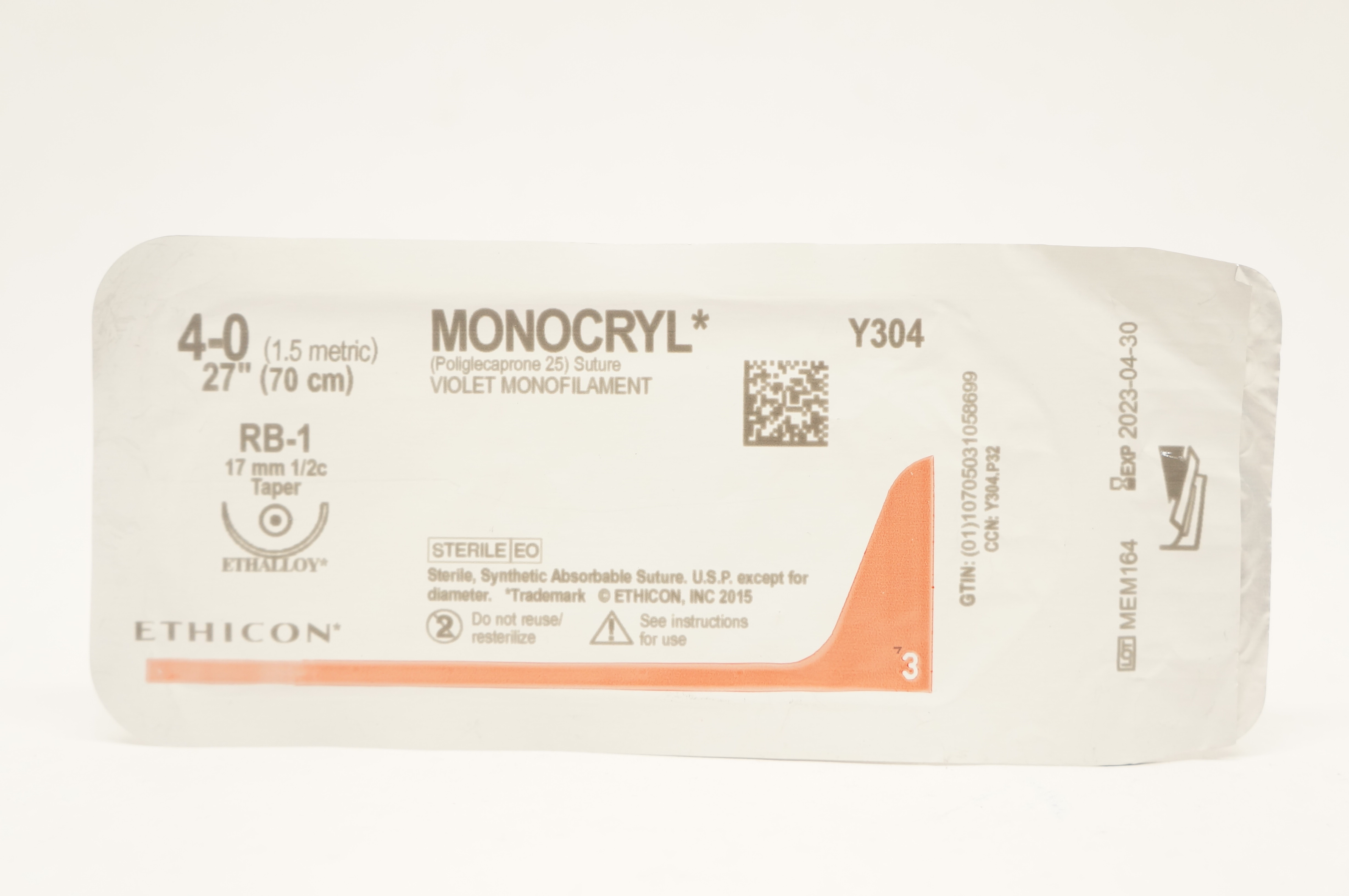 Ethicon Y304 4-0 Monocryl Poliglecaprone 25 Stre RB-1 17mm 1/2c Taper, 27inch