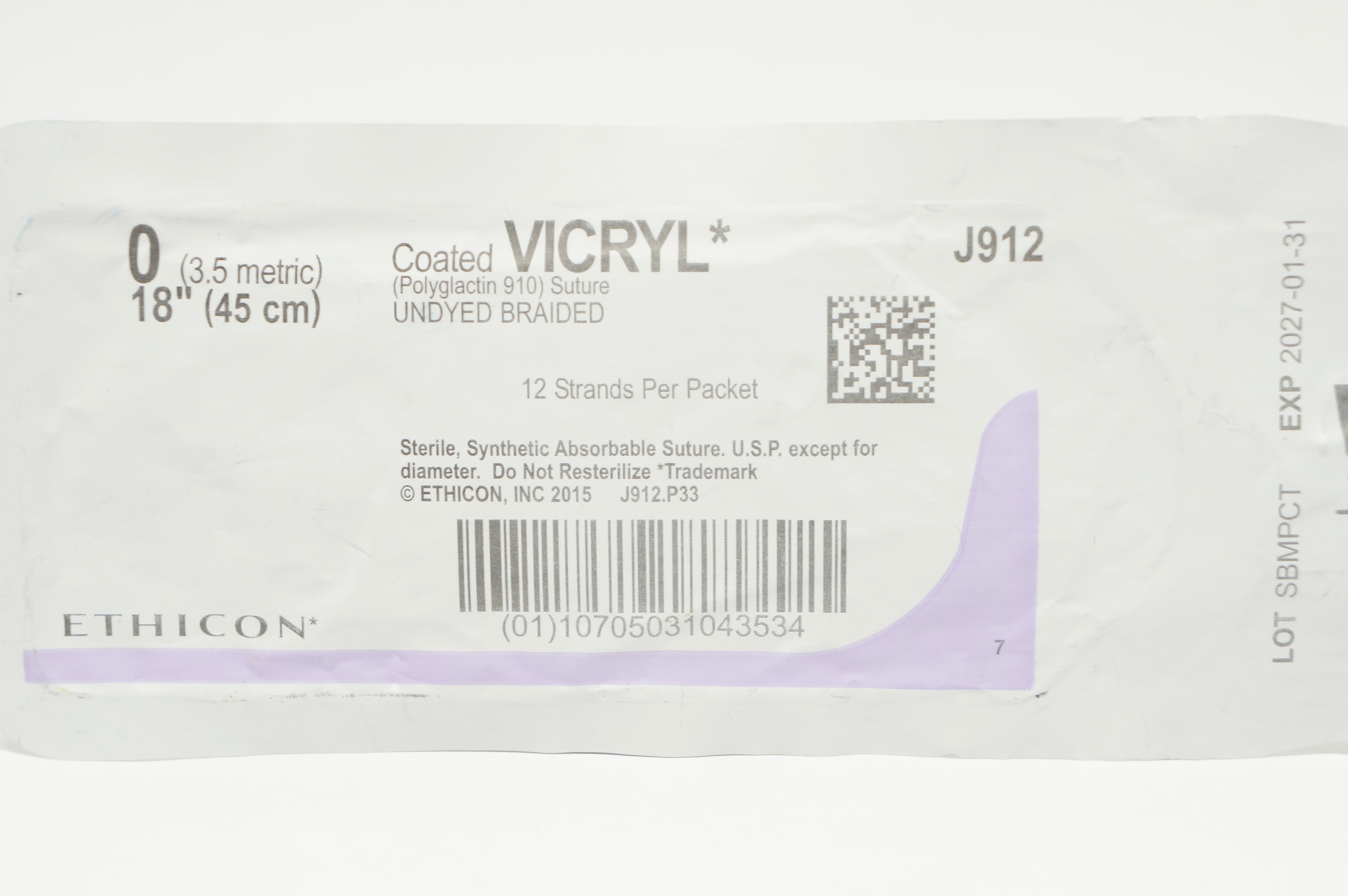 Ethicon J912 0 Coated VICRYL Undyed Braided Stre, 18inch