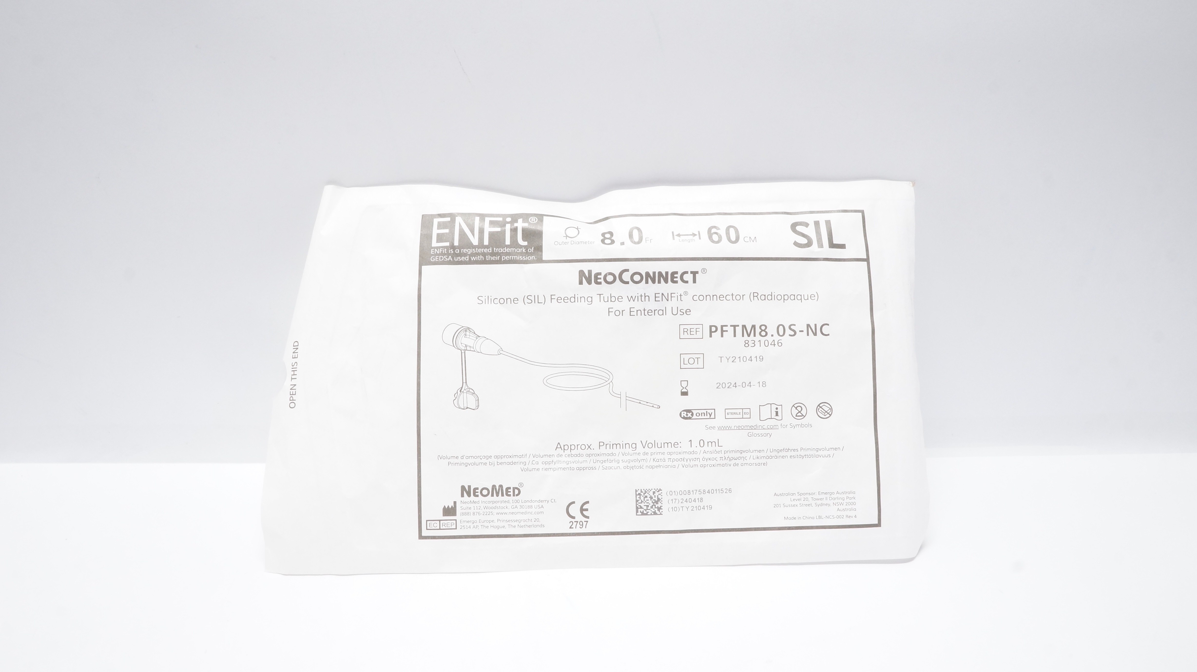 NeoMed PFTM8.0S-NC NeoConnect Feeding Tube w/ENFit Connector 8.0Frx 60cmx1.0mL(x)