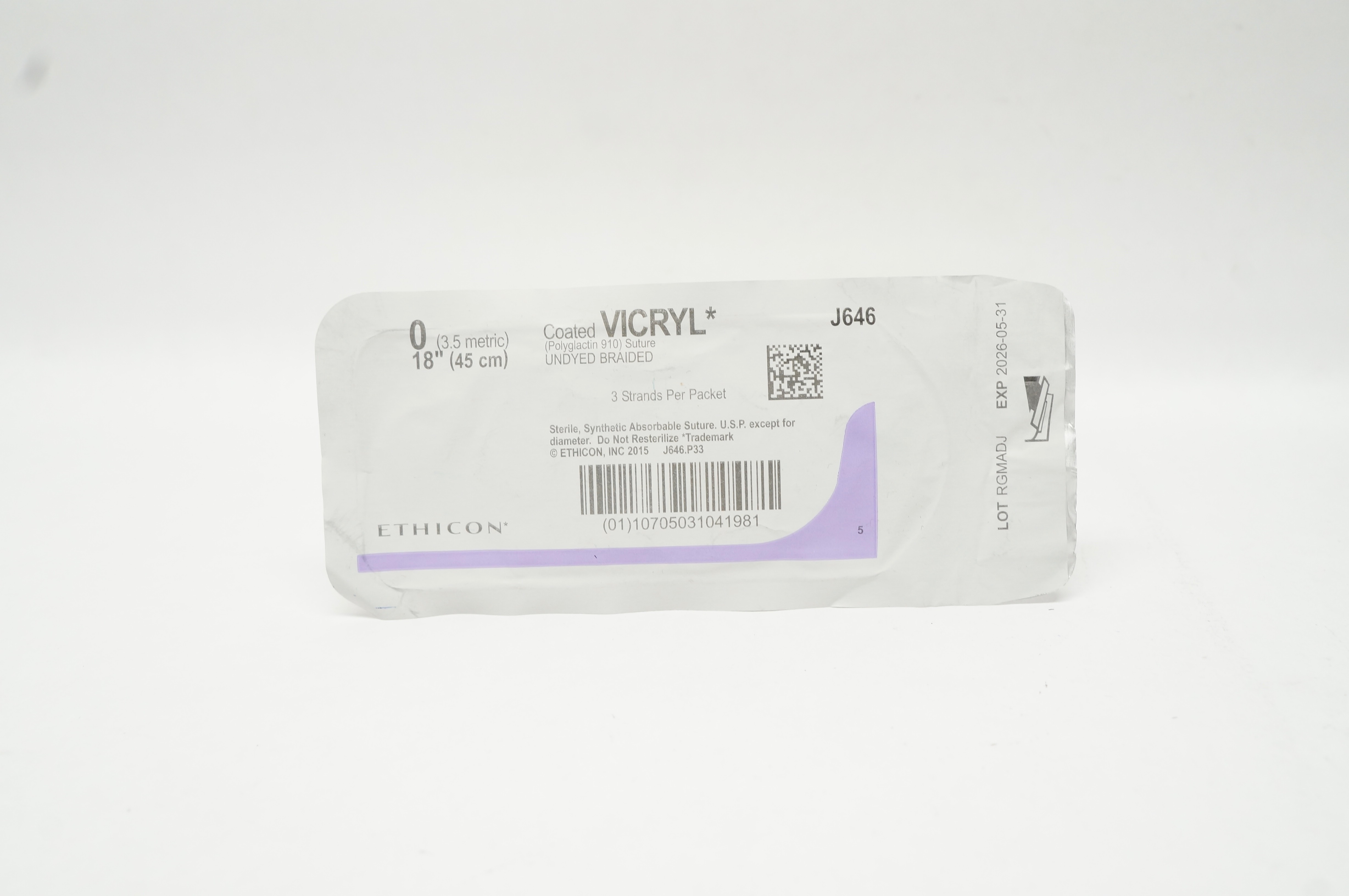 Ethicon J646 0 Coated VICRYL Polyglactin 910 Stre Undyed Braided 18inch