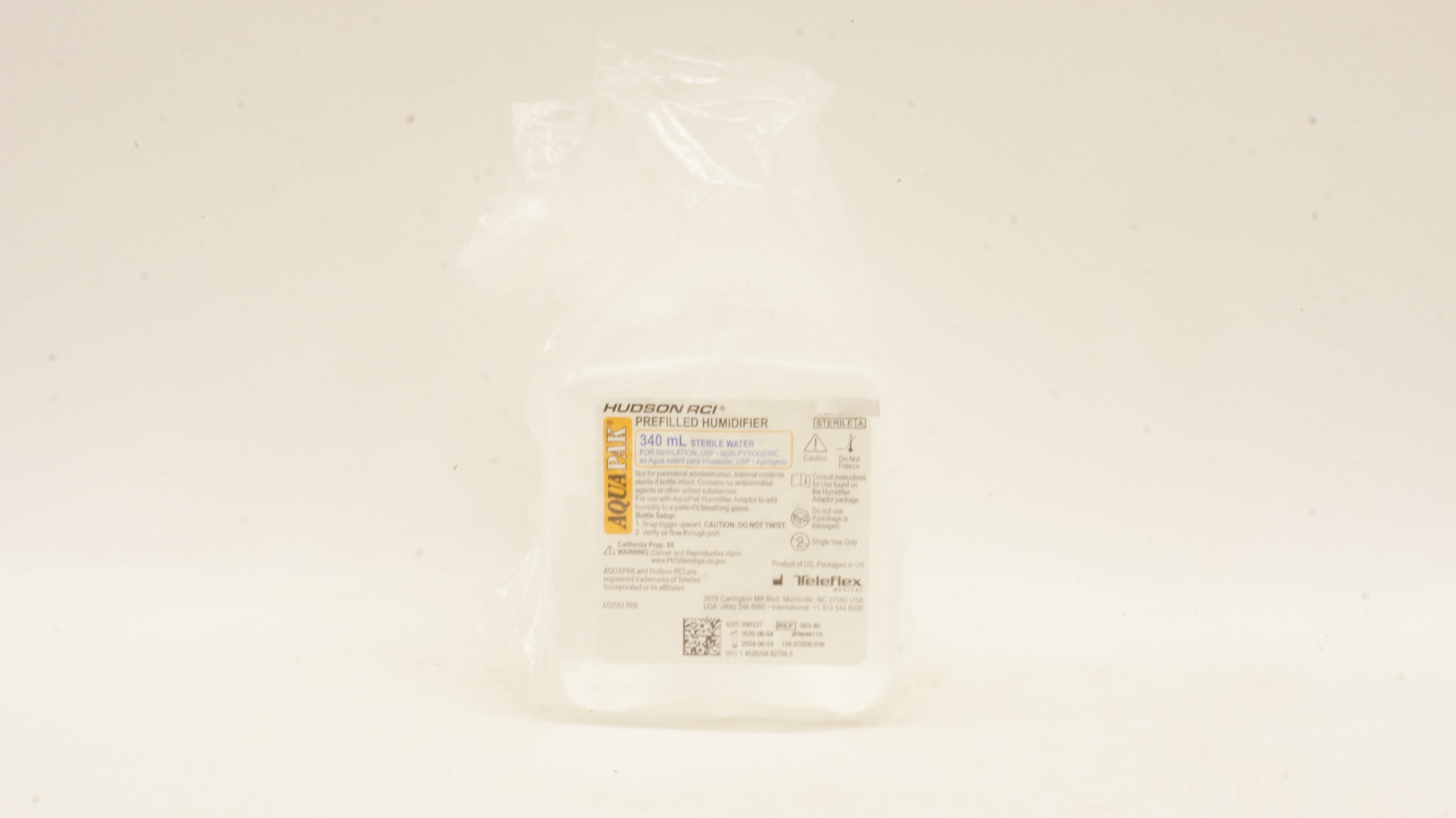 Teleflex 0030-40 Hudson RCI Aqua Pak Sterile Water For Inhalation 340mL