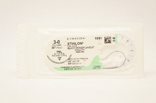 Ethicon 1691 3-0 ETHILON Nulon Stre 30mm 3/8c Reverse Cutting, 30inch (x)