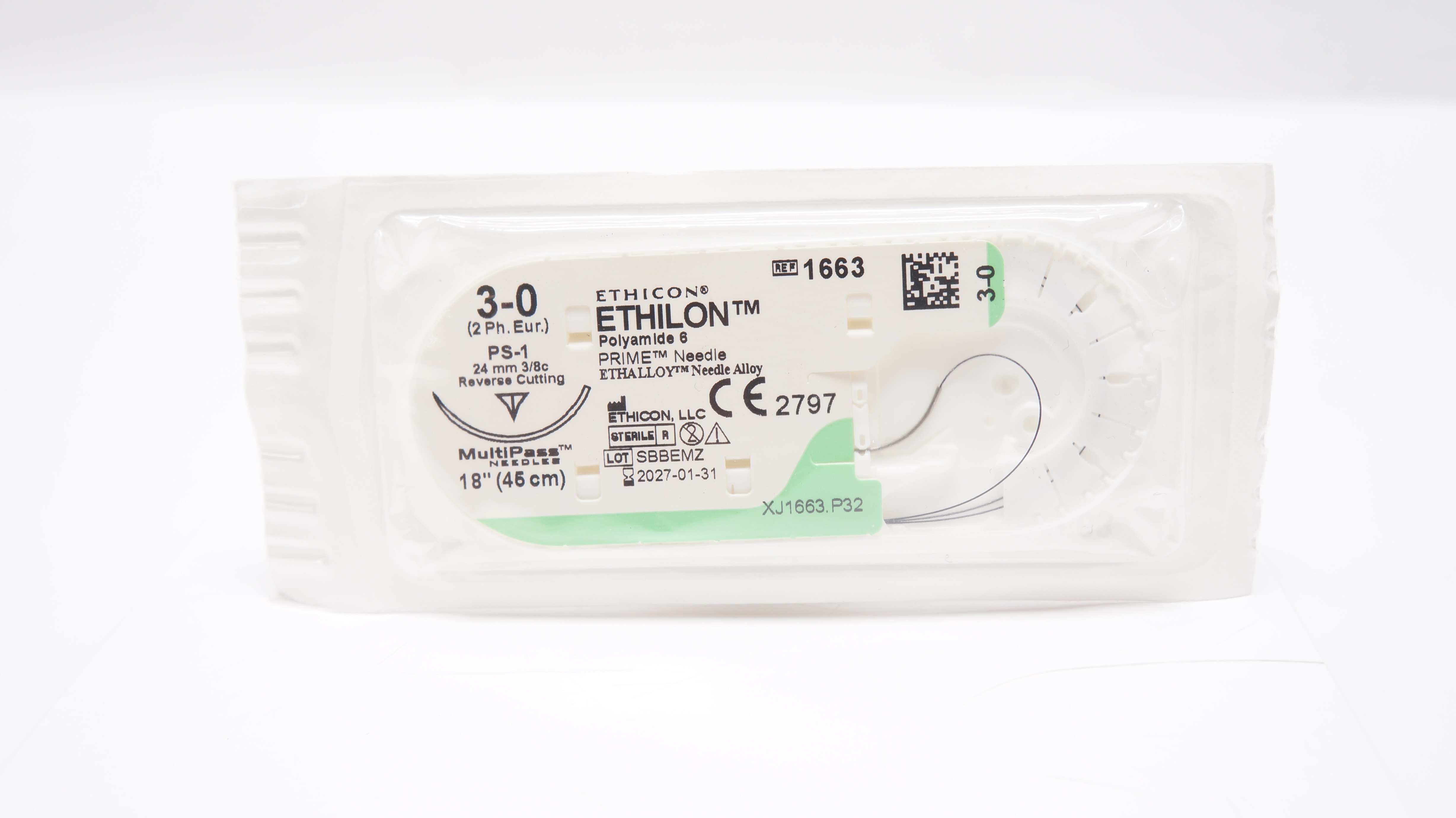 Ethicon 1663 3-0 Ethilon Polyamide6 Stre PS-1 24 mm 3/8c Reverse Cutting 18 inch