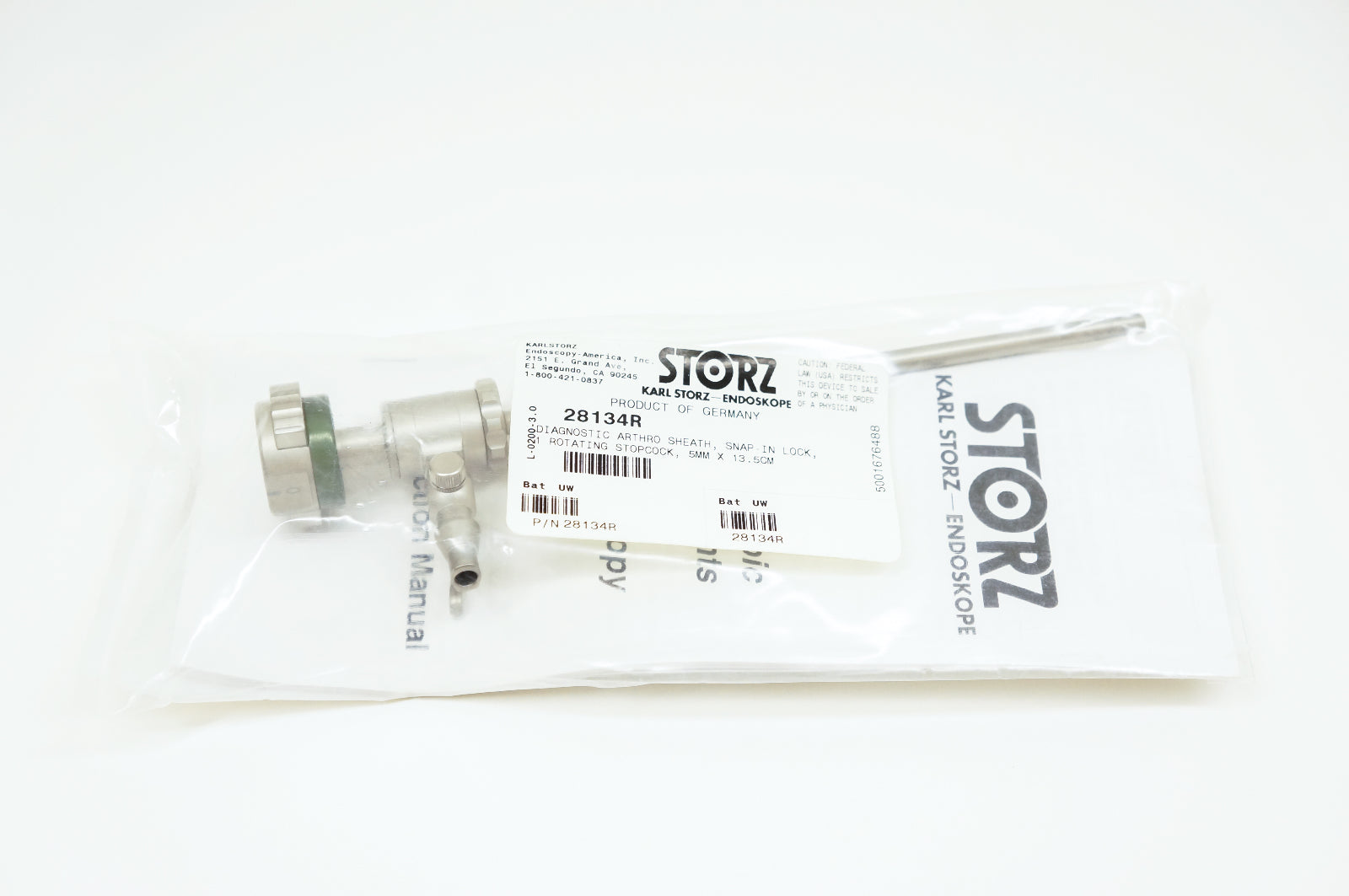 Karl Storz 28134R Diagnostic Arthro Sheath Snap-In Lock 1 Rotating Stopcock 5mm