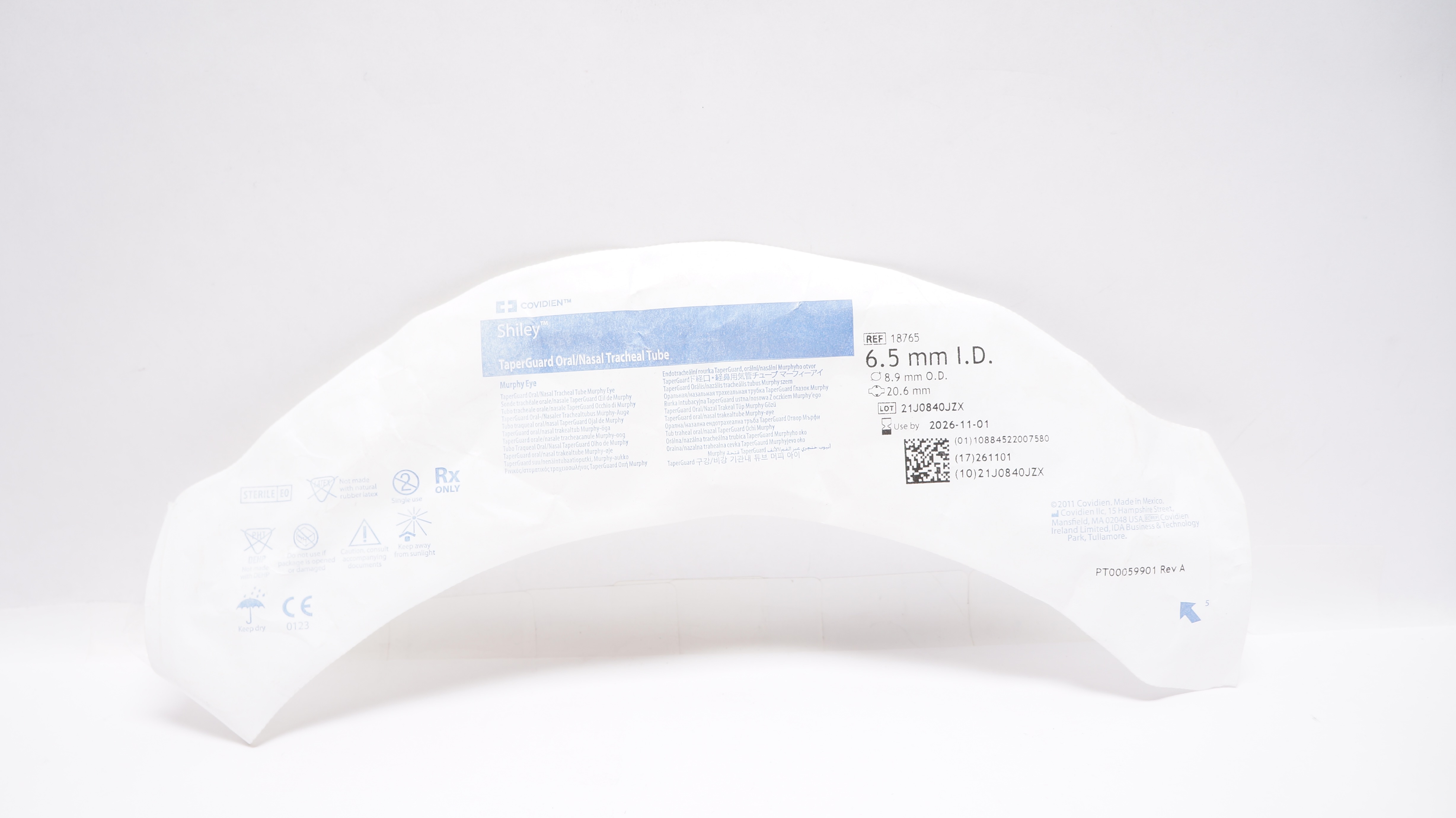 Covidien 18765 Shiley TaperGuard Oral/Nasal Tracheal Tube 6.5ID x 8.9OD x 20.6mm