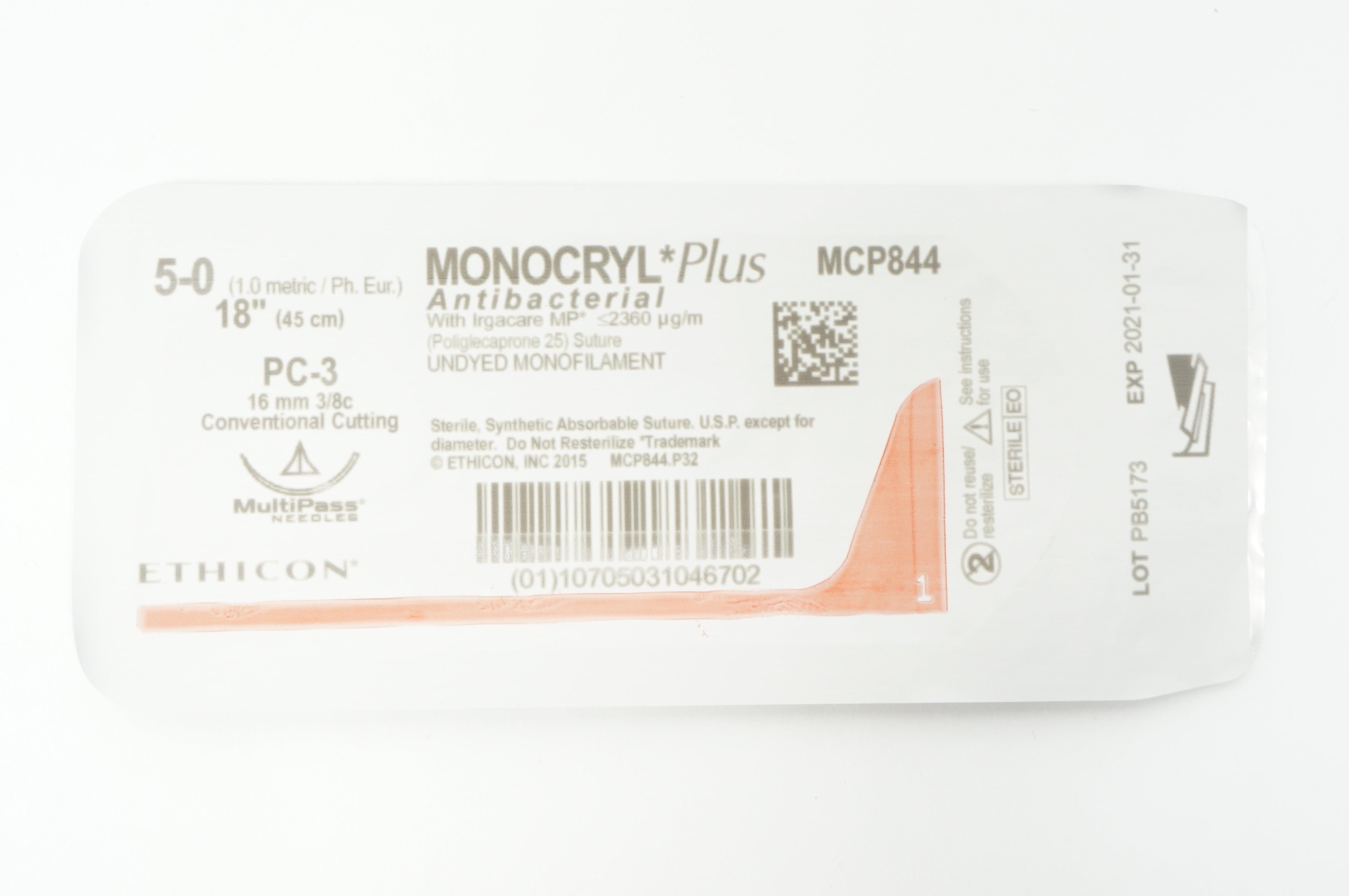 Ethicon MCP844 5-0 MONOCRYL Plus PS-3 16mm 3/8c Reverse  Cutting, 18inch (x)