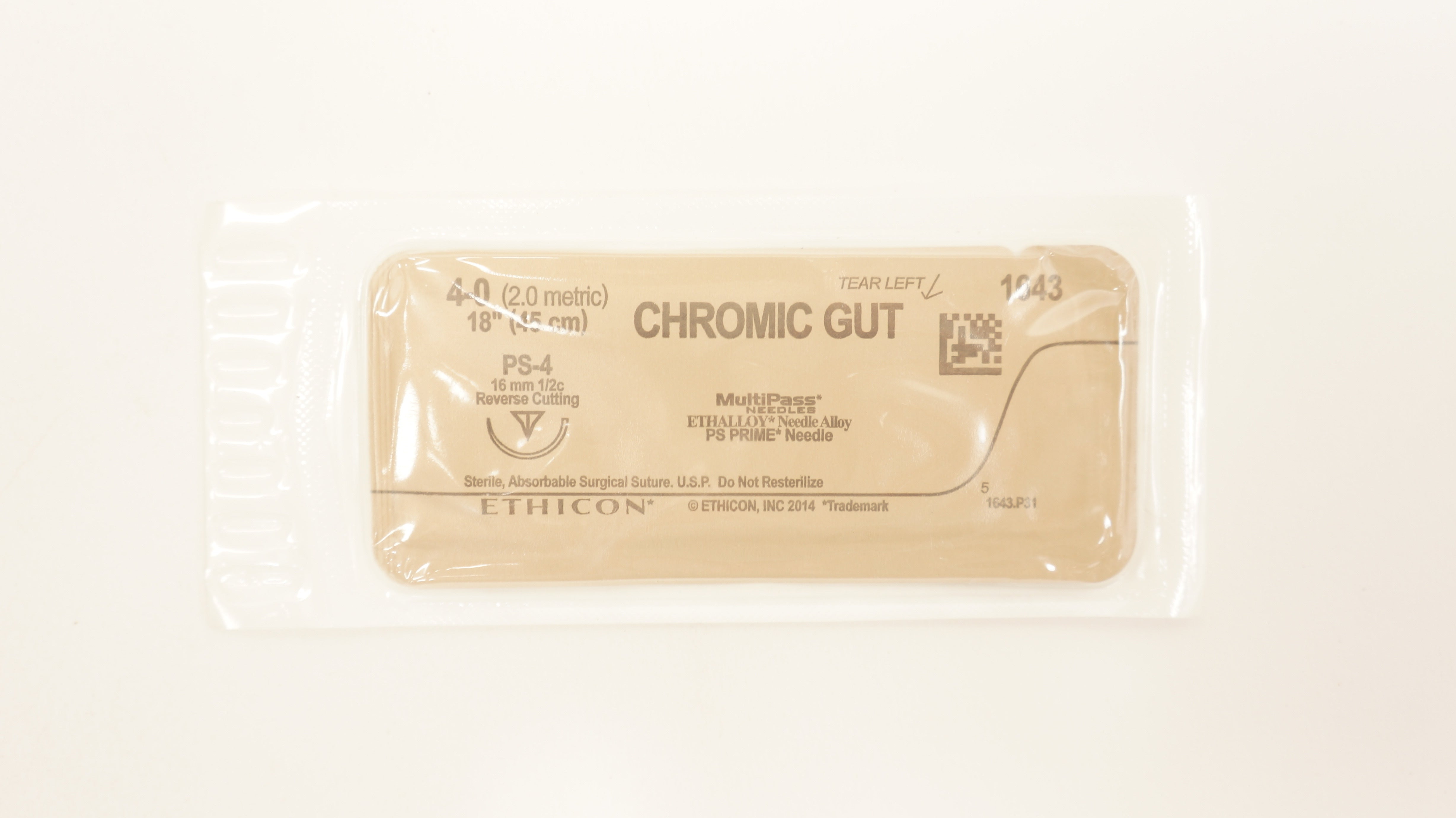 Ethicon 1643 4-0 CHROMIC GUT, PS-4, 16mm 1/2 Reverse Cutting, 18inch (x)