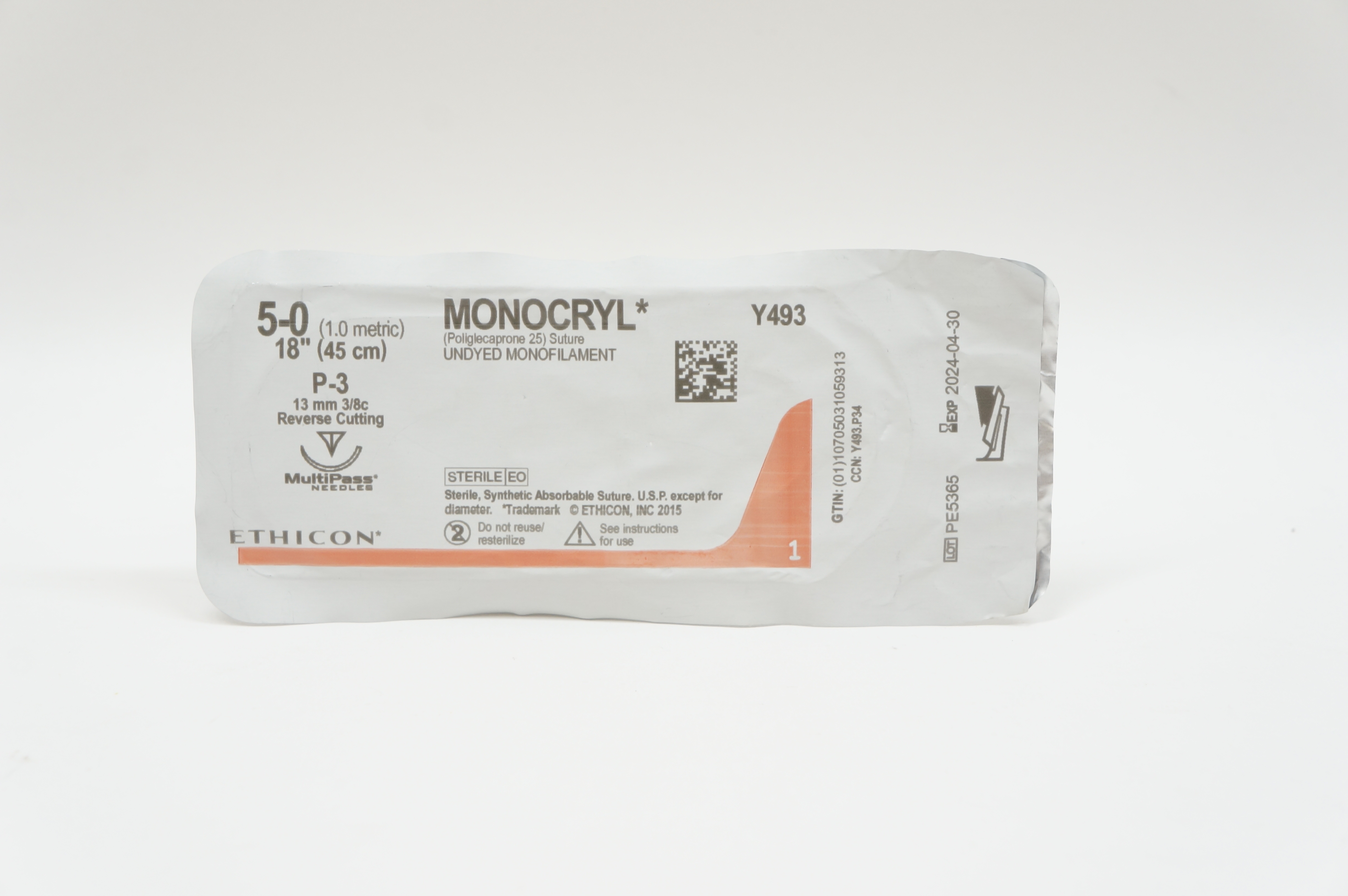 Ethicon Y493 5-0 MONOCRYL Stre P-3, 13mm 3/8c Reverse Cutting, 18inch