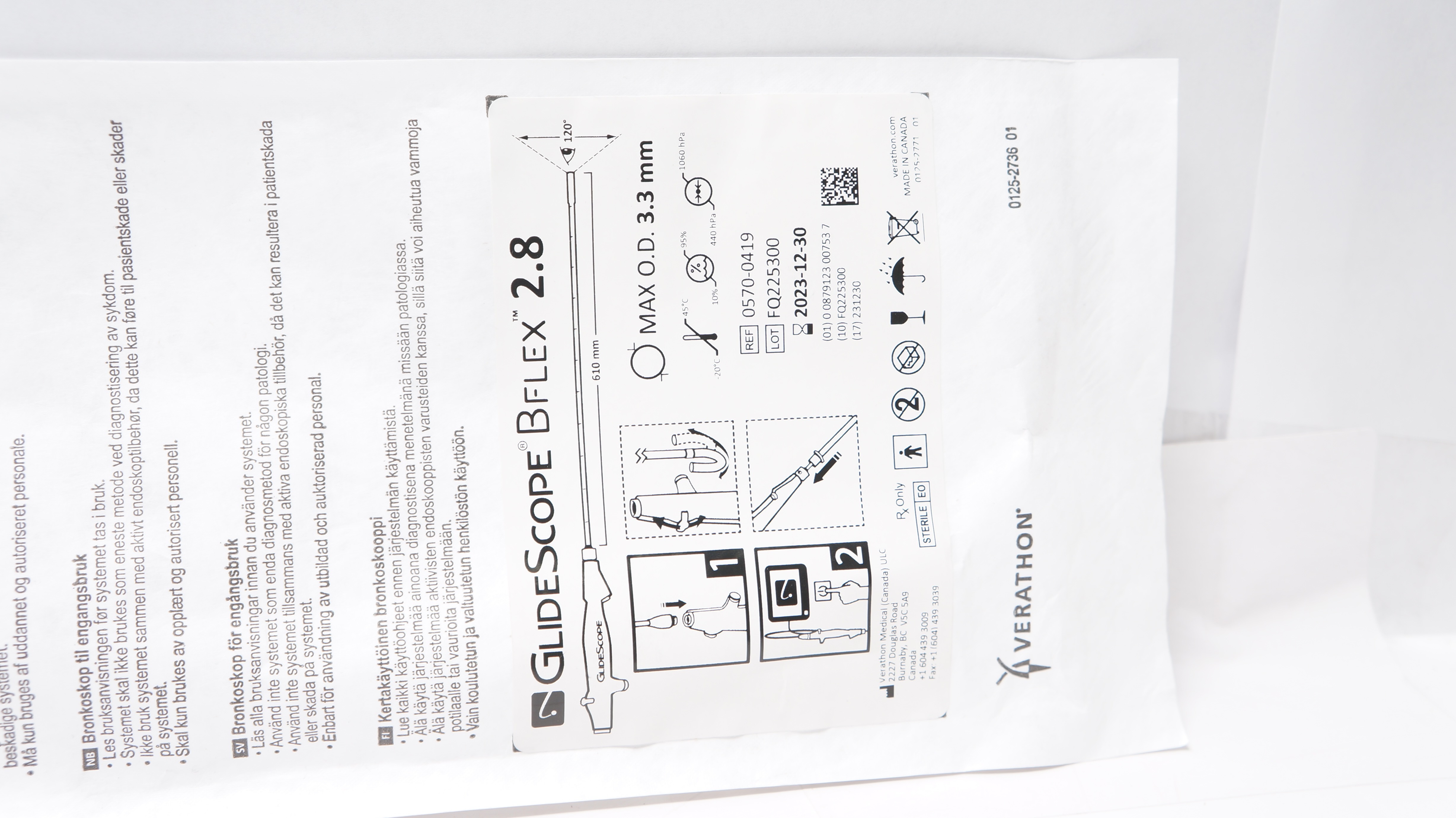 Verathon 0570-0419 GlideScope Bflex 2.8 Single-Use Bronchoscope 3.3mm O.D. (x)