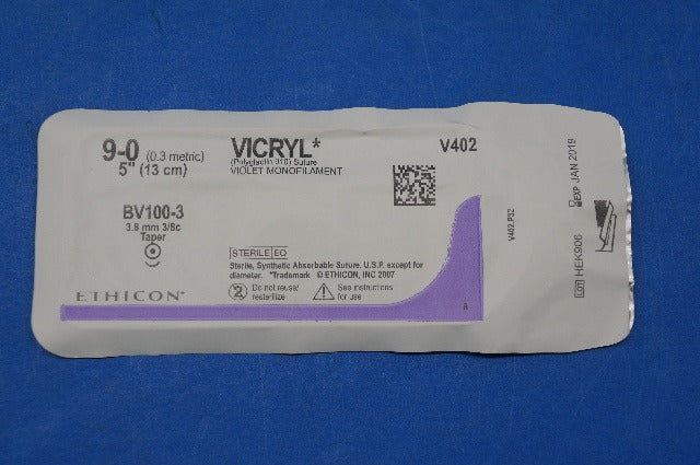 Ethicon V402 9-0 VICRYL, BV100-3 3.8mm 3/8c Taper, Violet Monofilament, 5