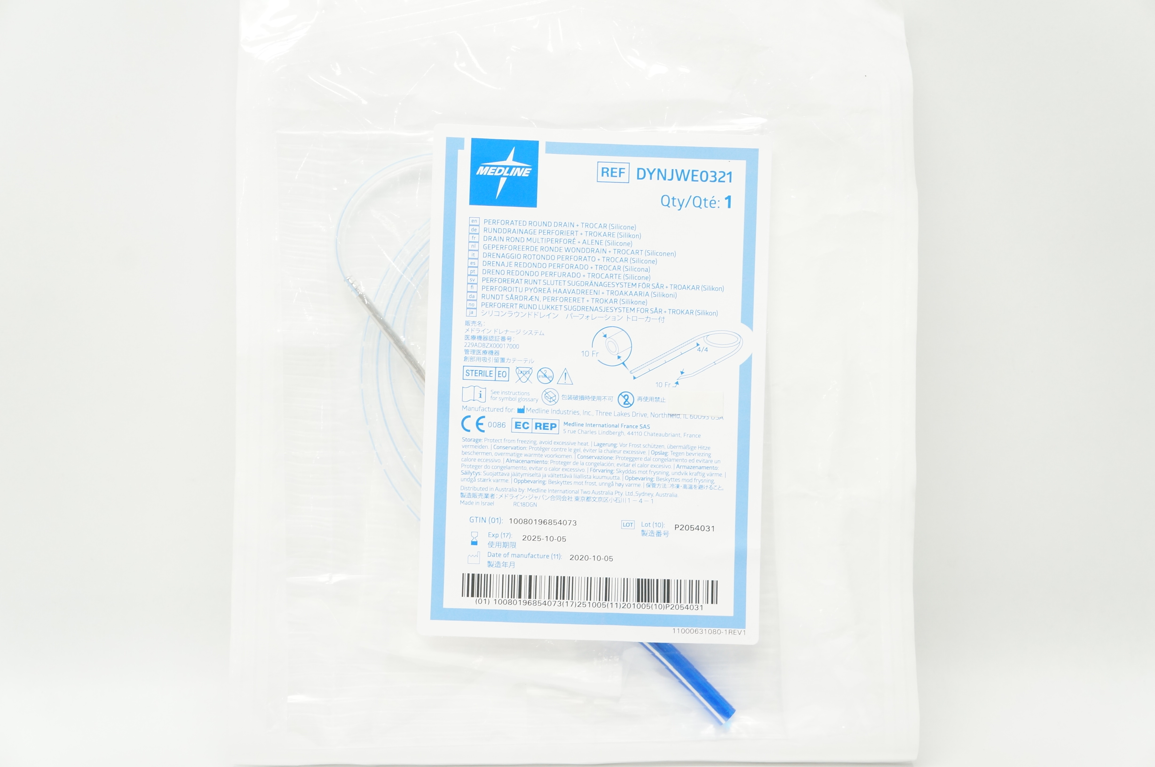 Medline DYNJWE0321 Perforated Round Drain (Silicone) 10Fr