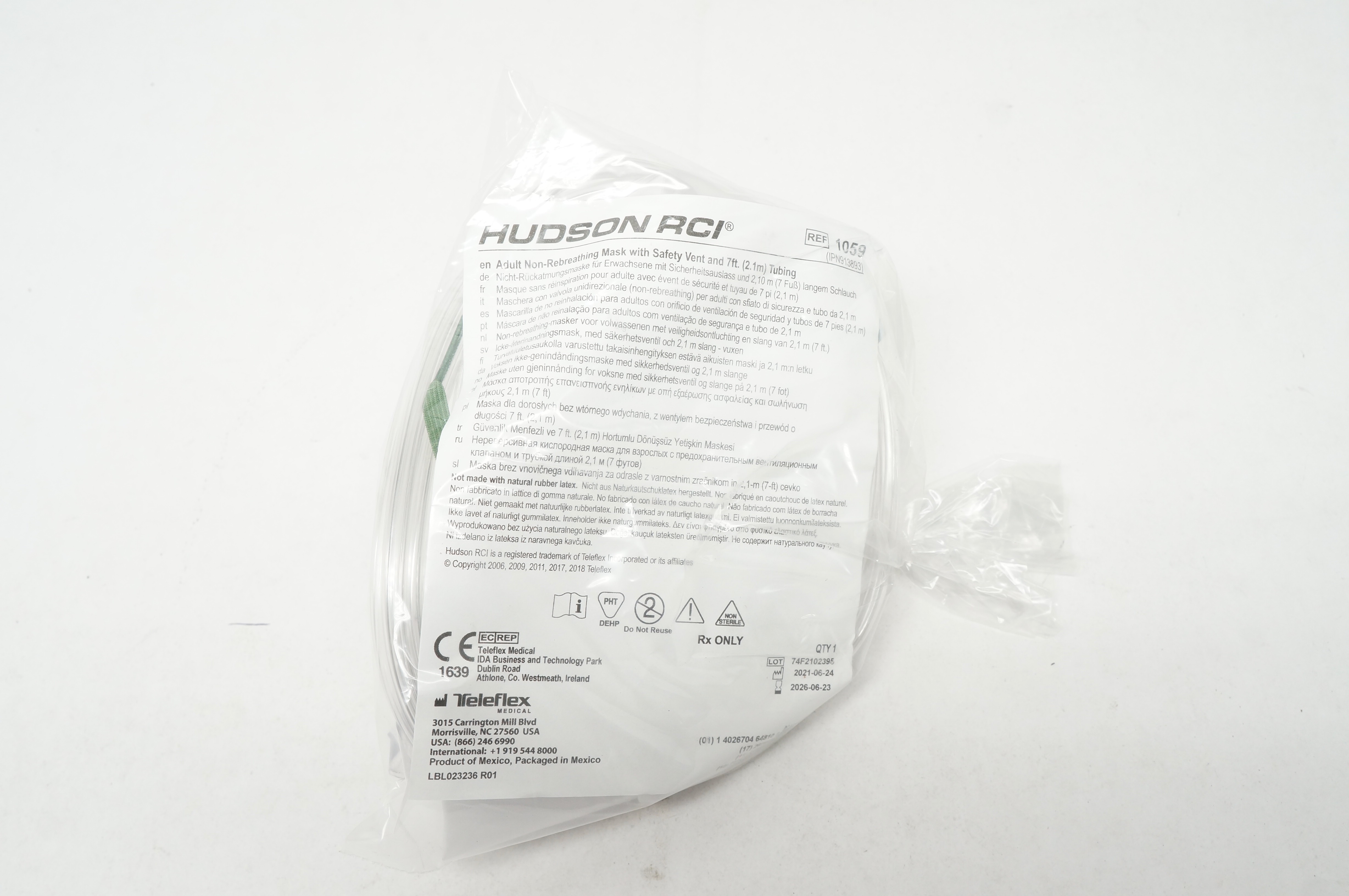 Teleflex 1059 Hudson RCI Adult Non-Rebreathing Mask w/Safety Vent & 7 ft. Tubing