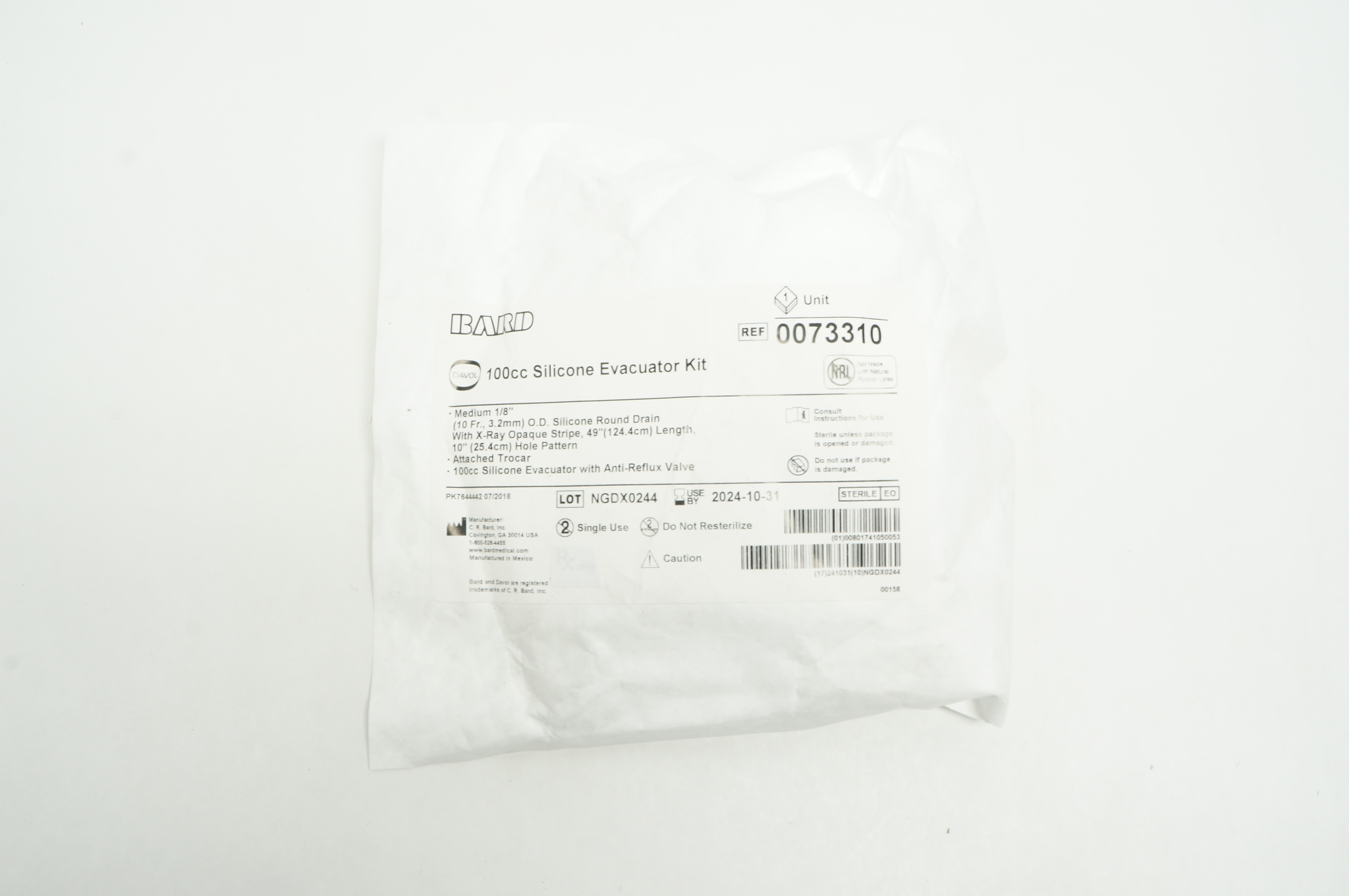 Bard 0073310 Evacuator Kits, Silicone, 100cc, Round Drain, Trocar, 1/8in