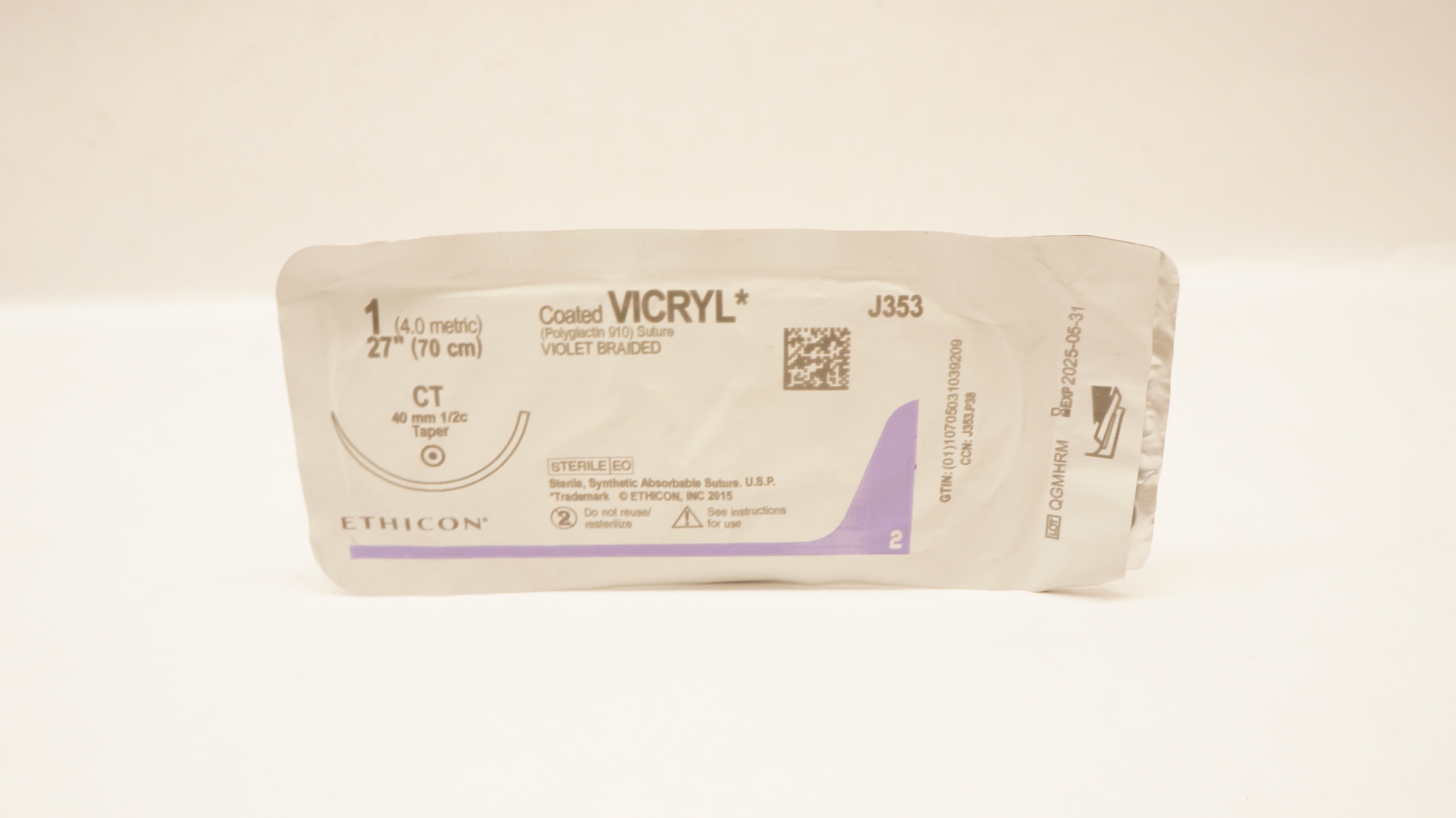 Ethicon J353 1 Coated VICRYL Polyglactin 910 Stre CT 40 mm 1/2c Taper, 27 inch