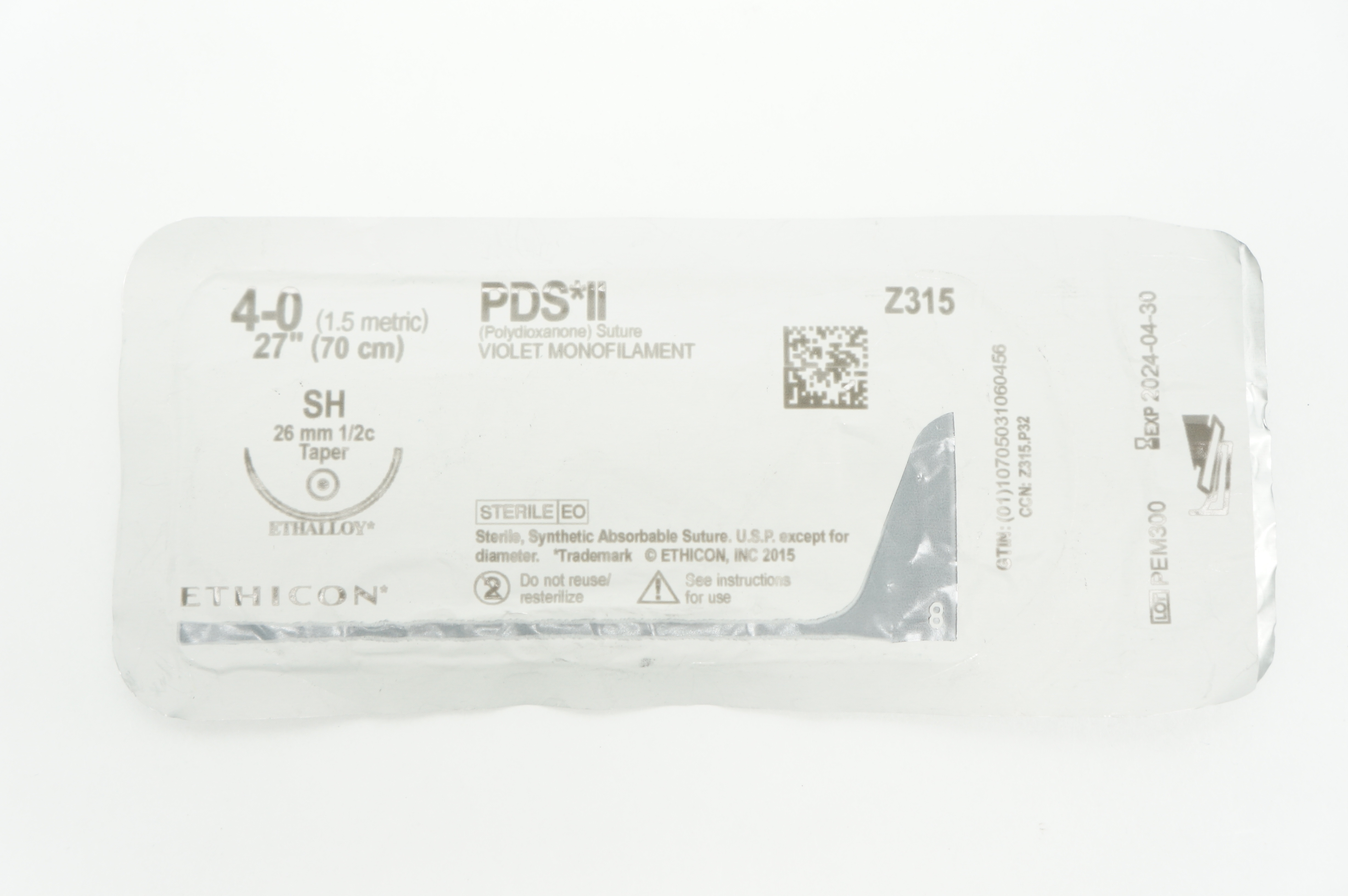 Ethicon Z315 4-0 PDS II Polydioxanone Stre SH 26mm 1/2c Taper 27inch