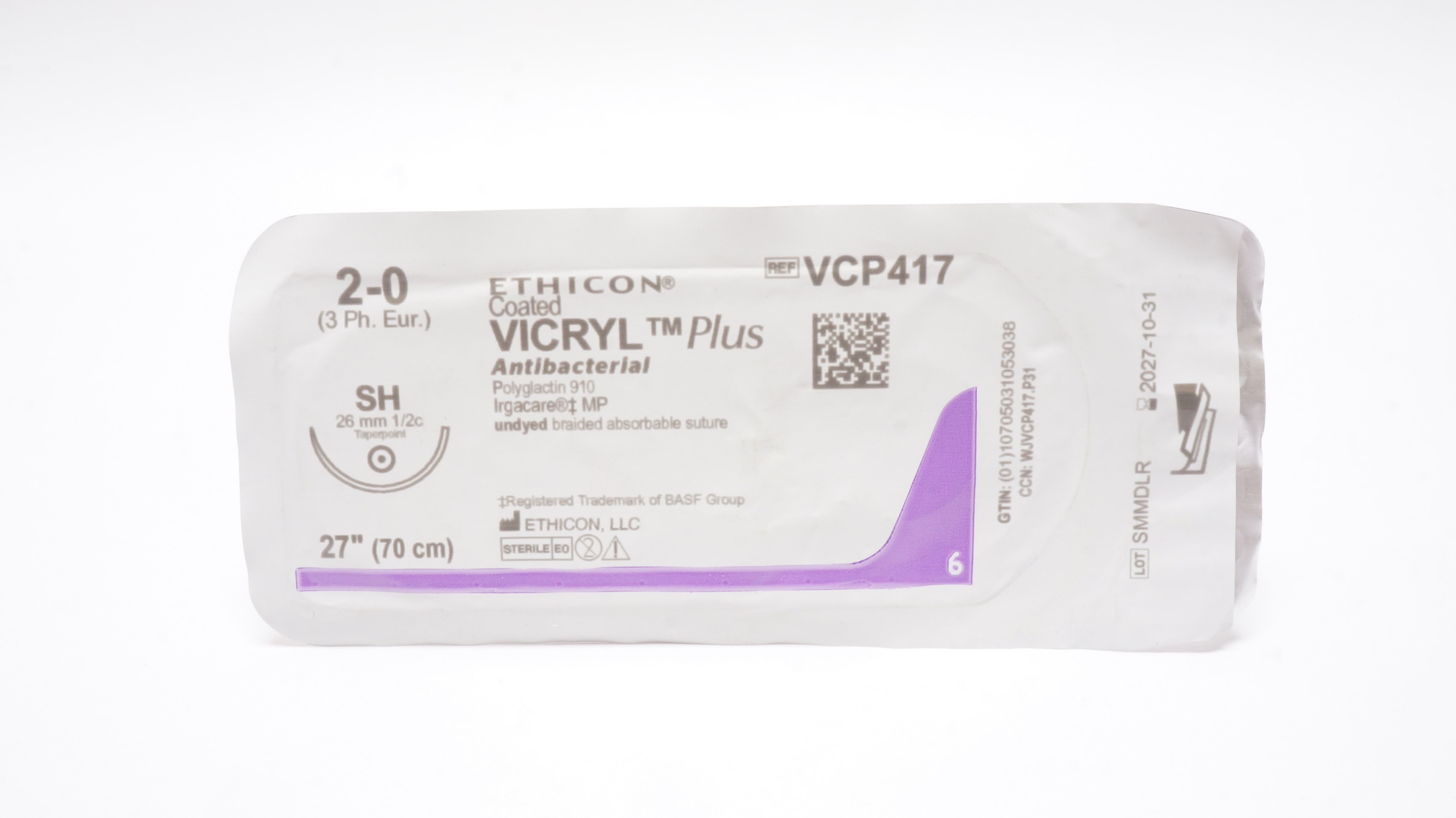 Ethicon VCP417 2-0 Coated VICRYL Plus Stre SH 26mm 1/2c Taper, 27 inch
