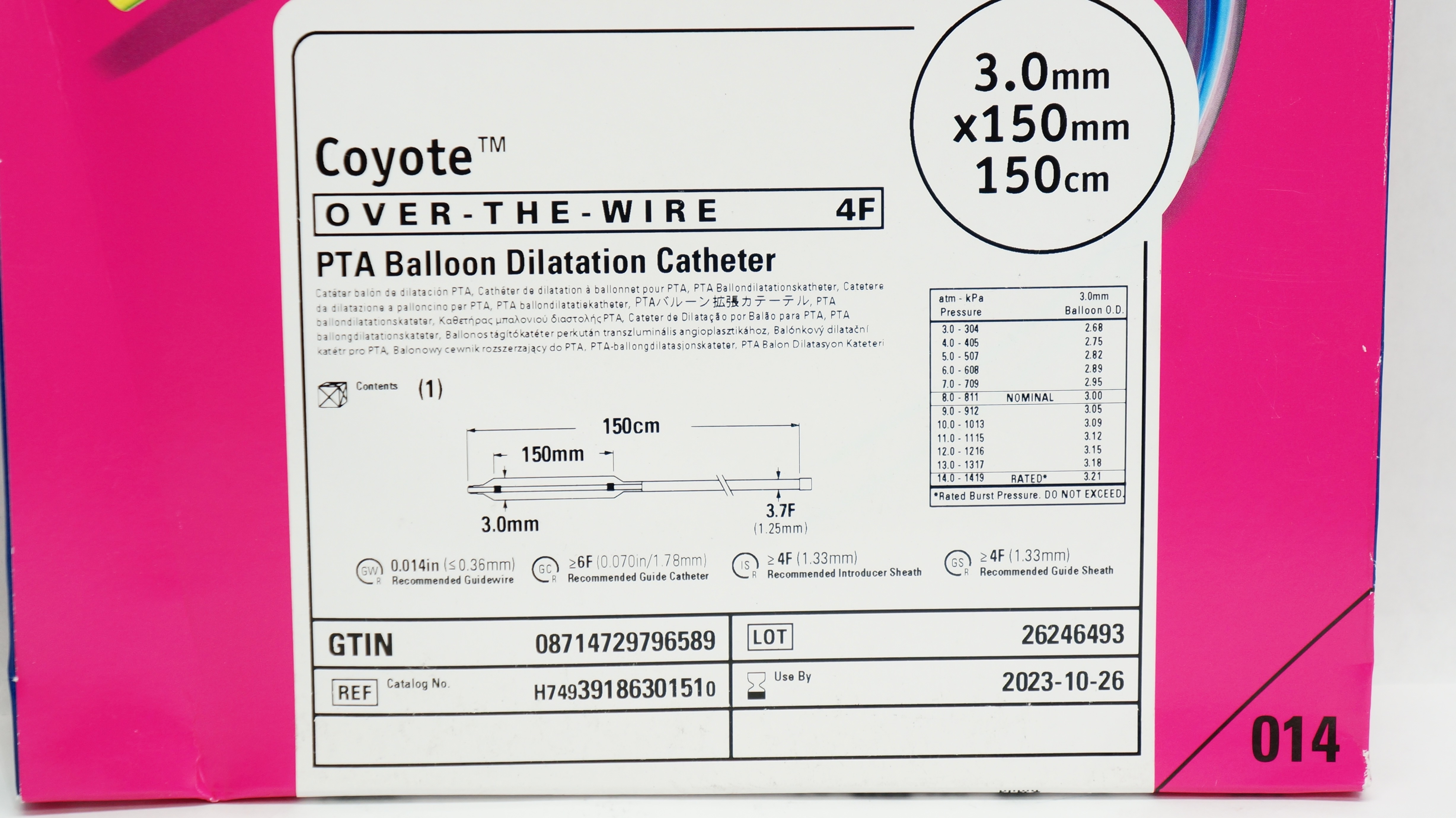 Boston Scientific H74939186301510 Coyote Dilatation Cath. 3.0 x 150mm x 150cm(x)