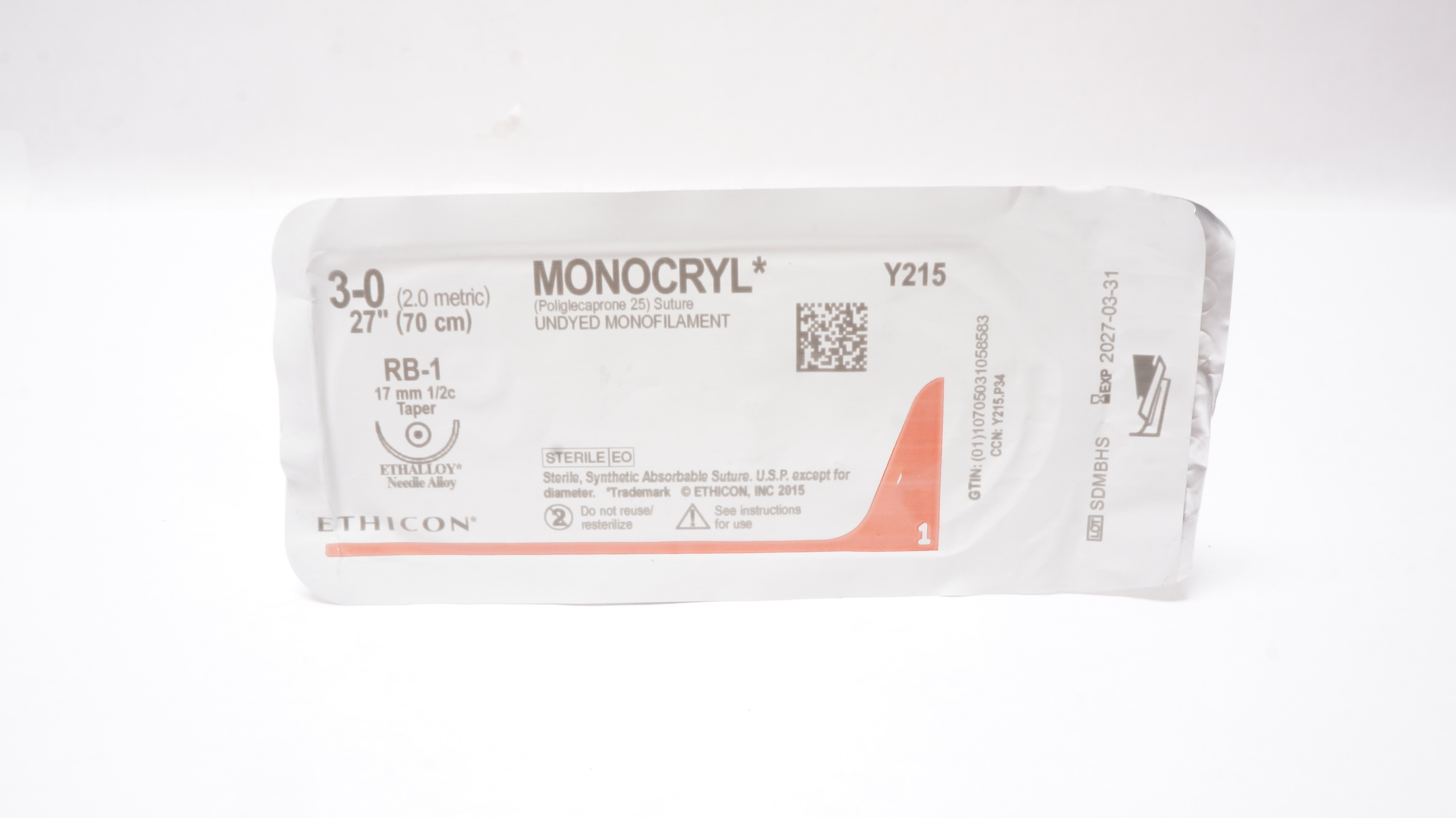 Ethicon Y215 3-0 MONOCRYL Stre. RB-1 17mm 1/2c Taper 27 inch