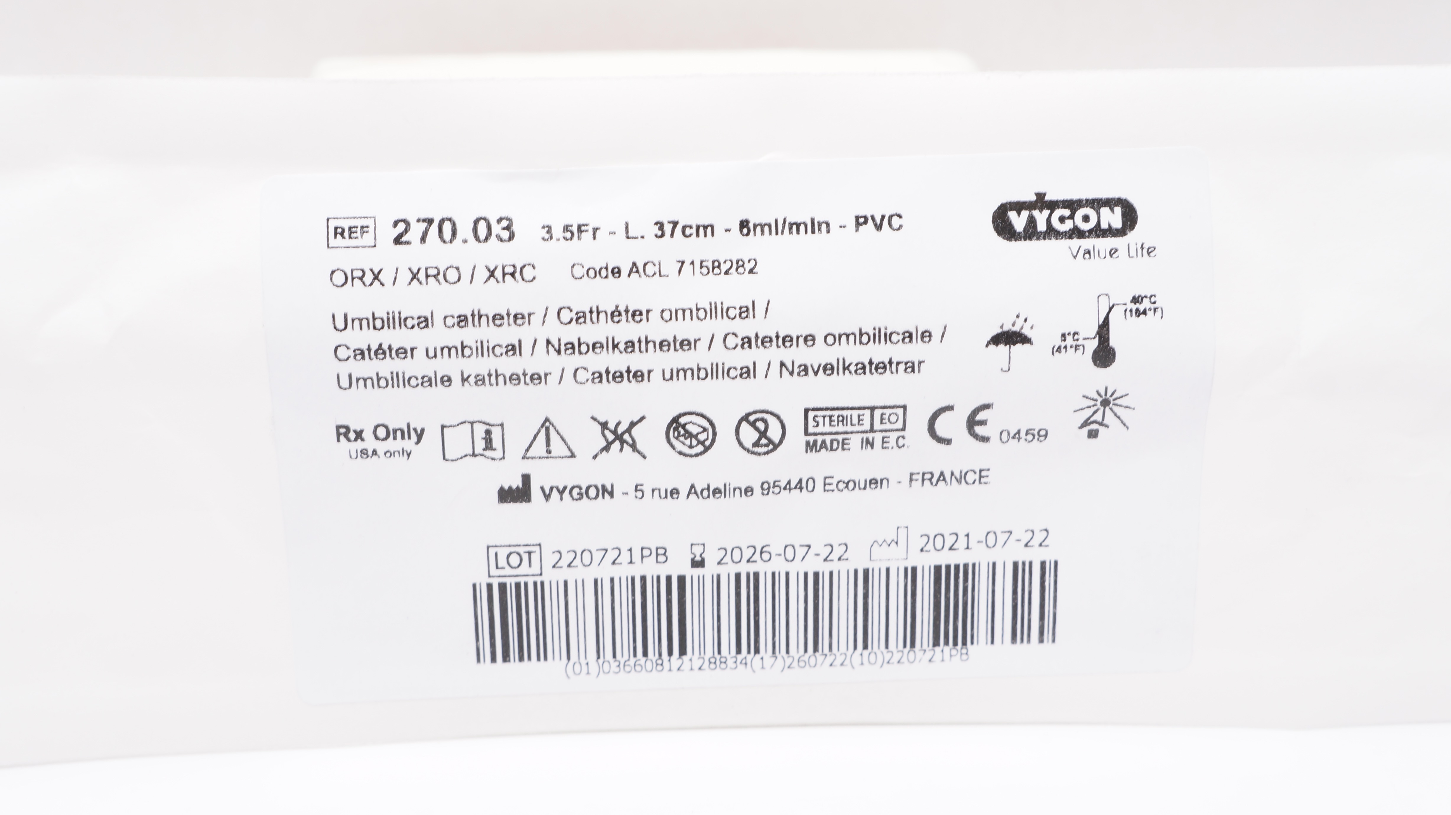 Vygon 1270.03 Value Life Umbilical Cath. 3.5Fr x 37cm x 6ml/min
