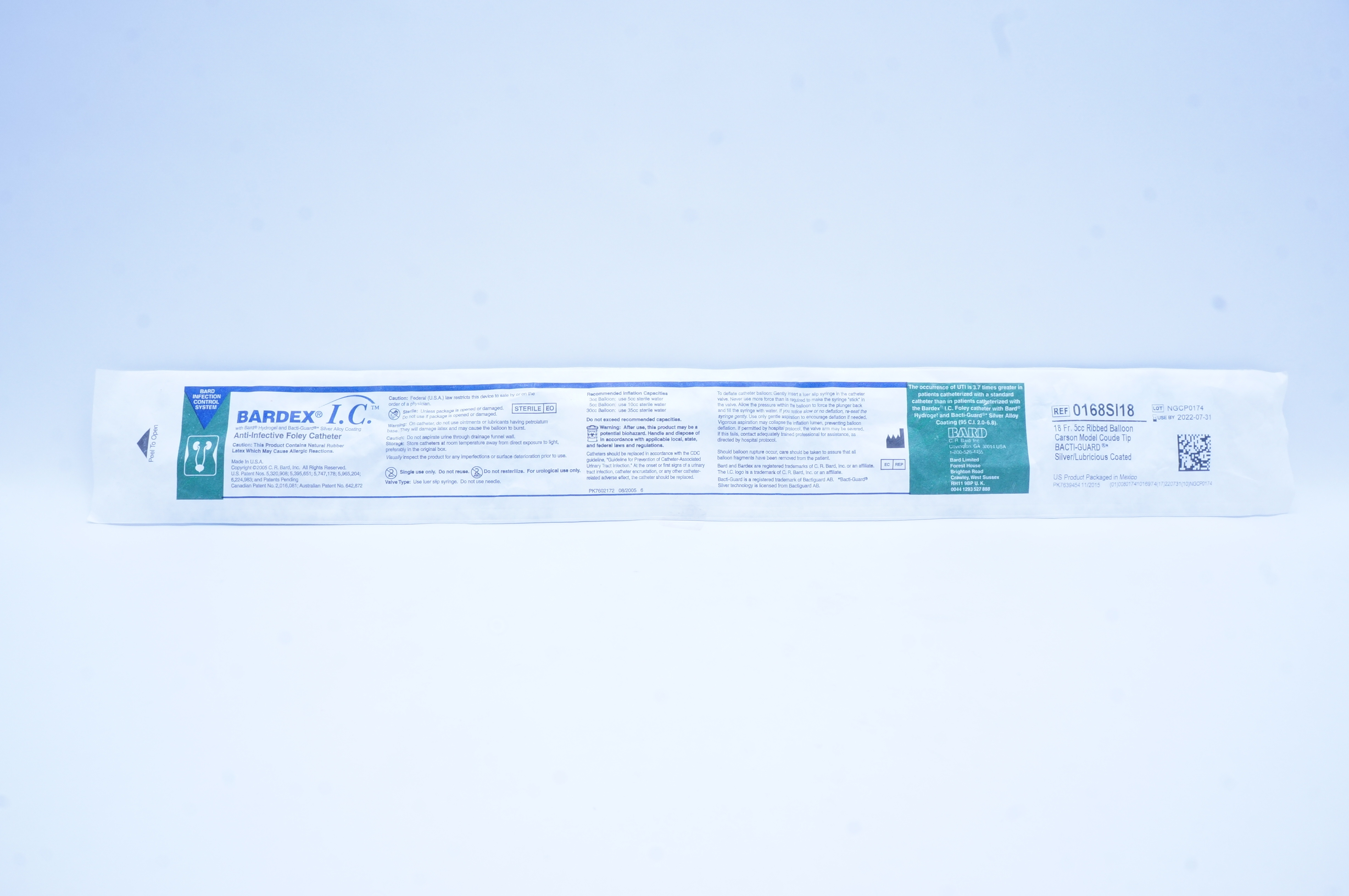 Bard 0168SI18 Anti-Infective Foley Cath. 18Fr, Ribbed Balloon Carson Model
