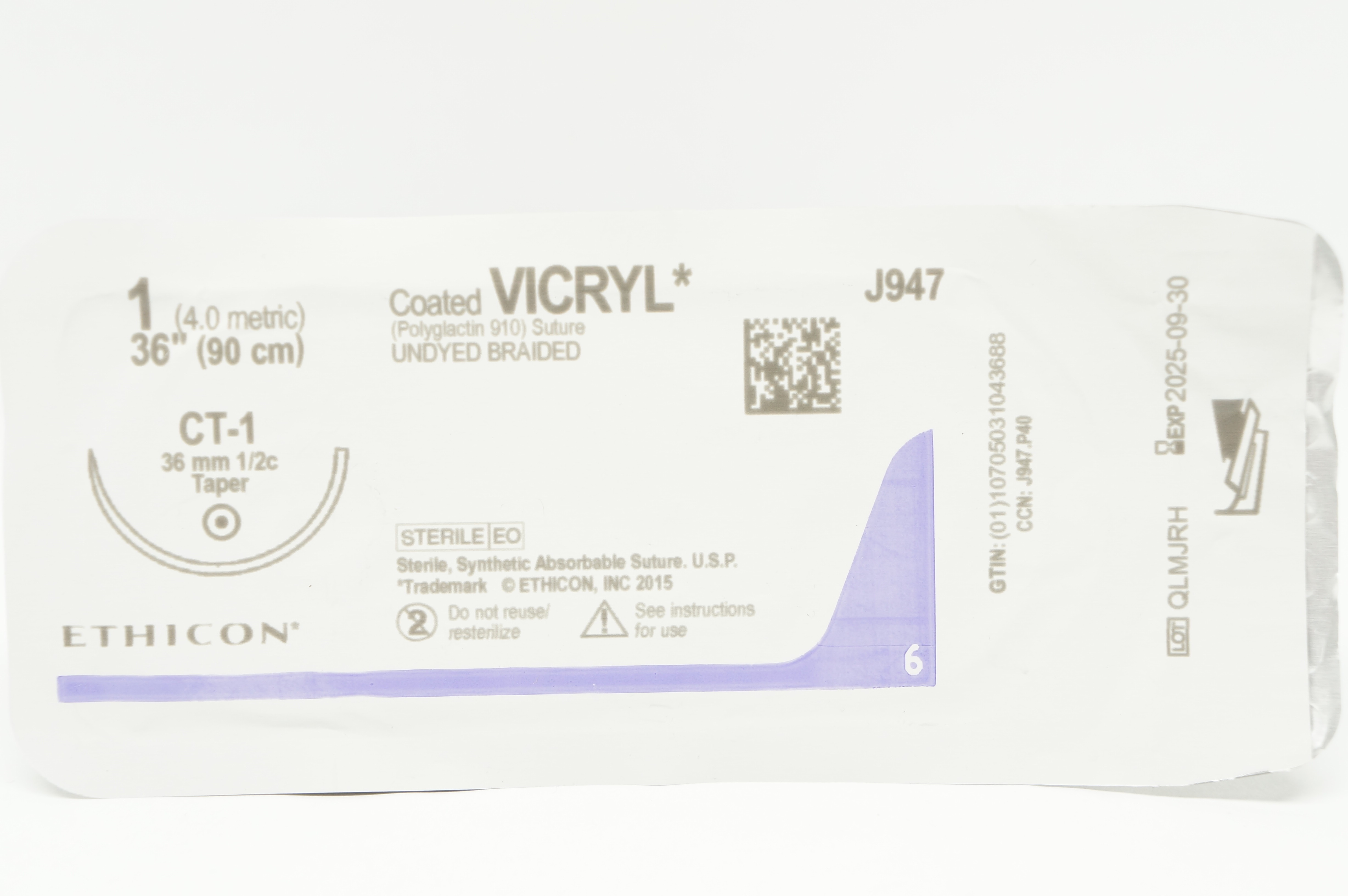 Ethicon J947 1 Coated VICRYL Stre CT-1 Undyed Braided 36mm 1/2c Taper 36inch