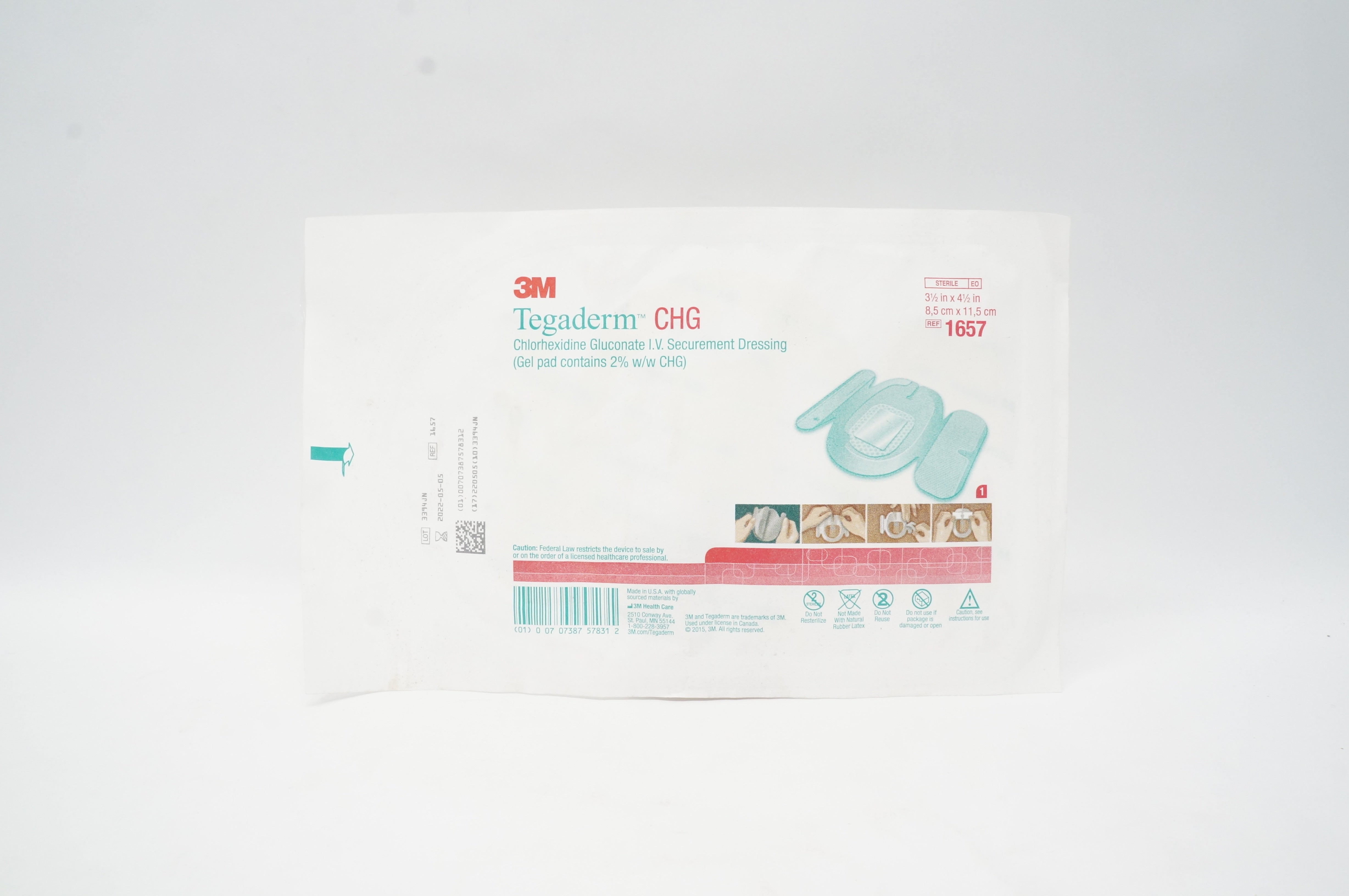 3M 1657 Chlorhexidine Gluconate I.V. Securement Dressing 3-1/2 x 4-1/2inch (x)