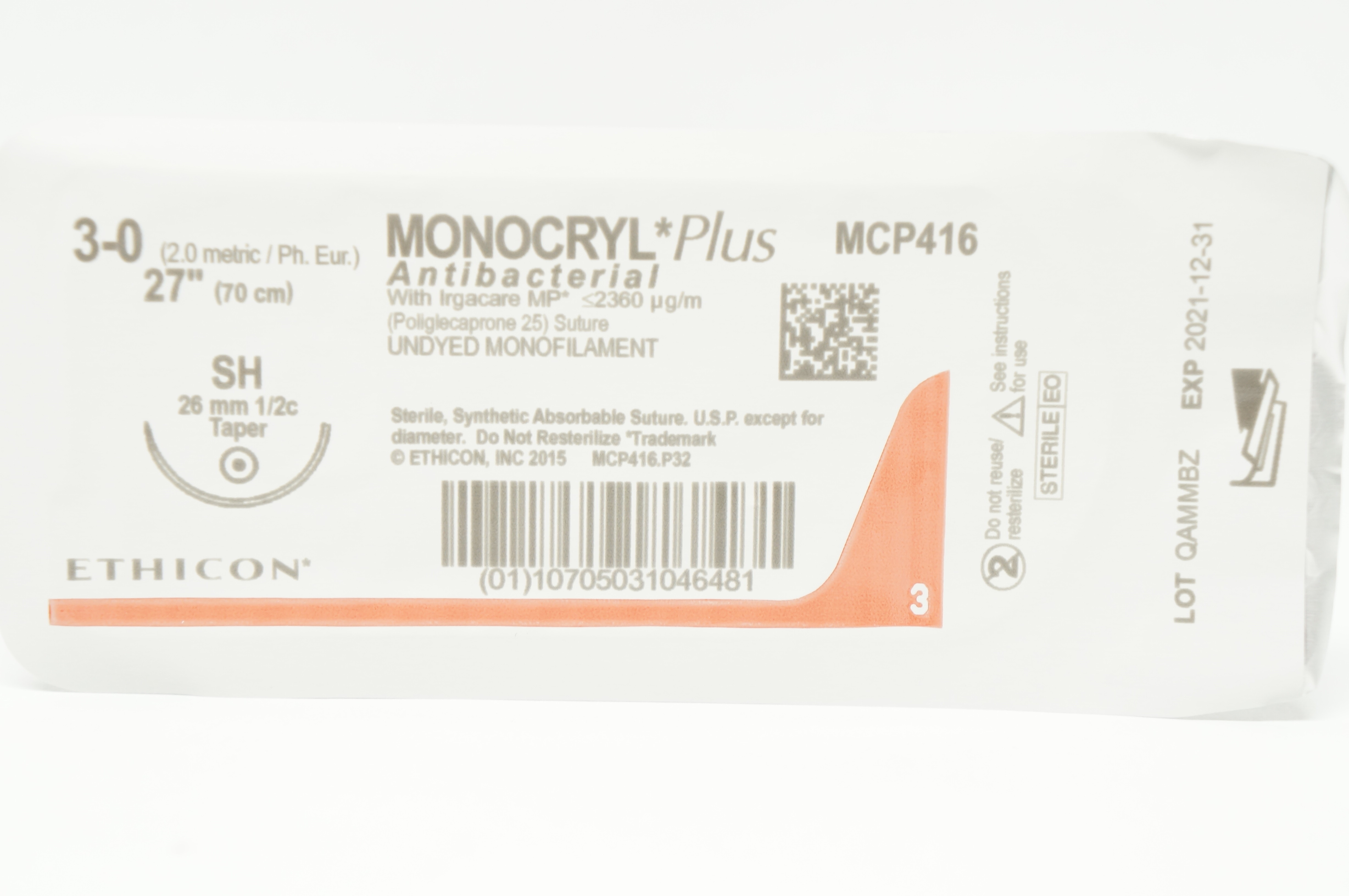 Ethicon MCP416 3-0 MONOCRYL Plus, SH, 26mm 1/2c Taper, 27inch