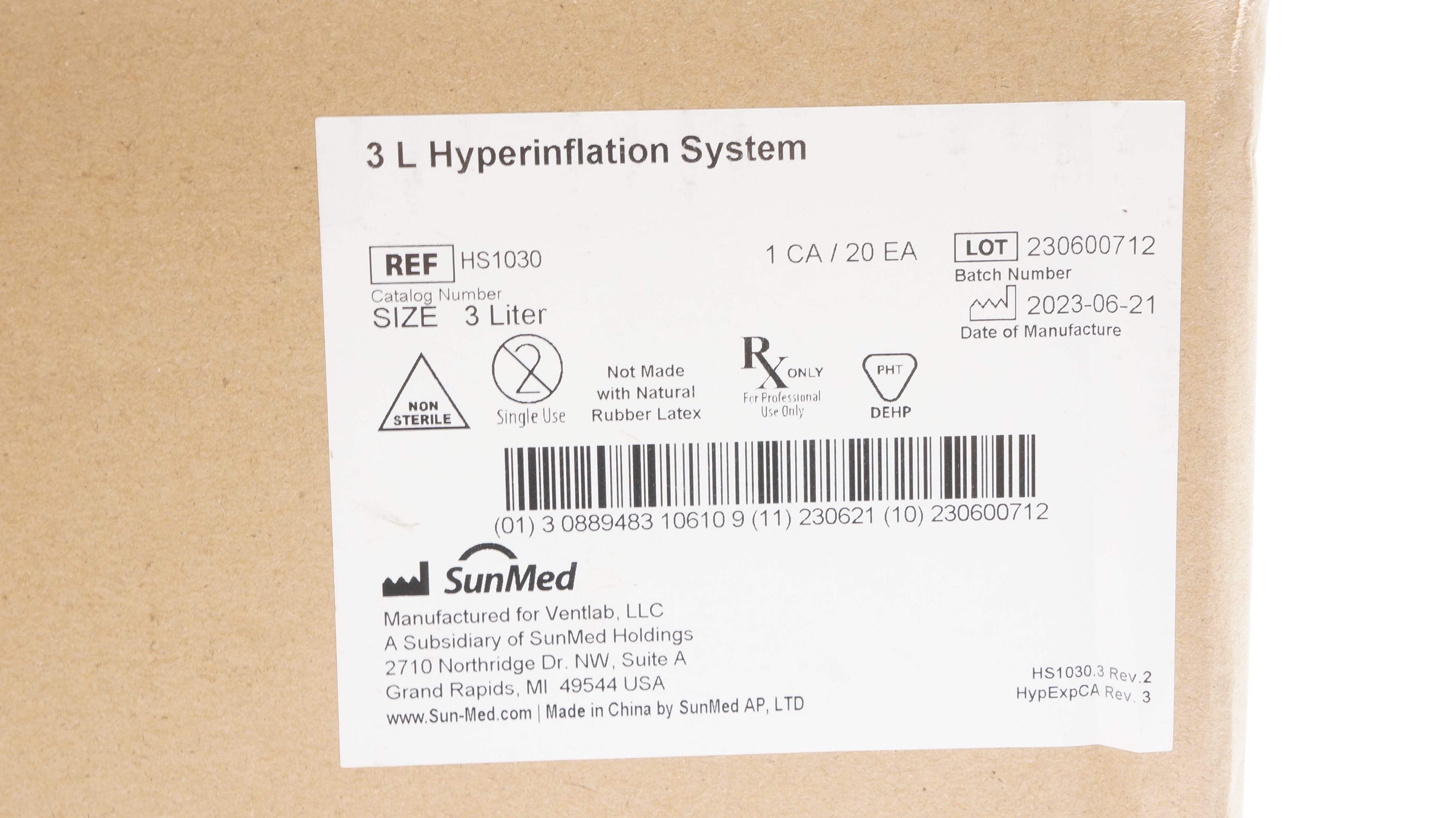 SunMed HS1030 Hyperinflation System, Size 3 Liter - Case of 20
