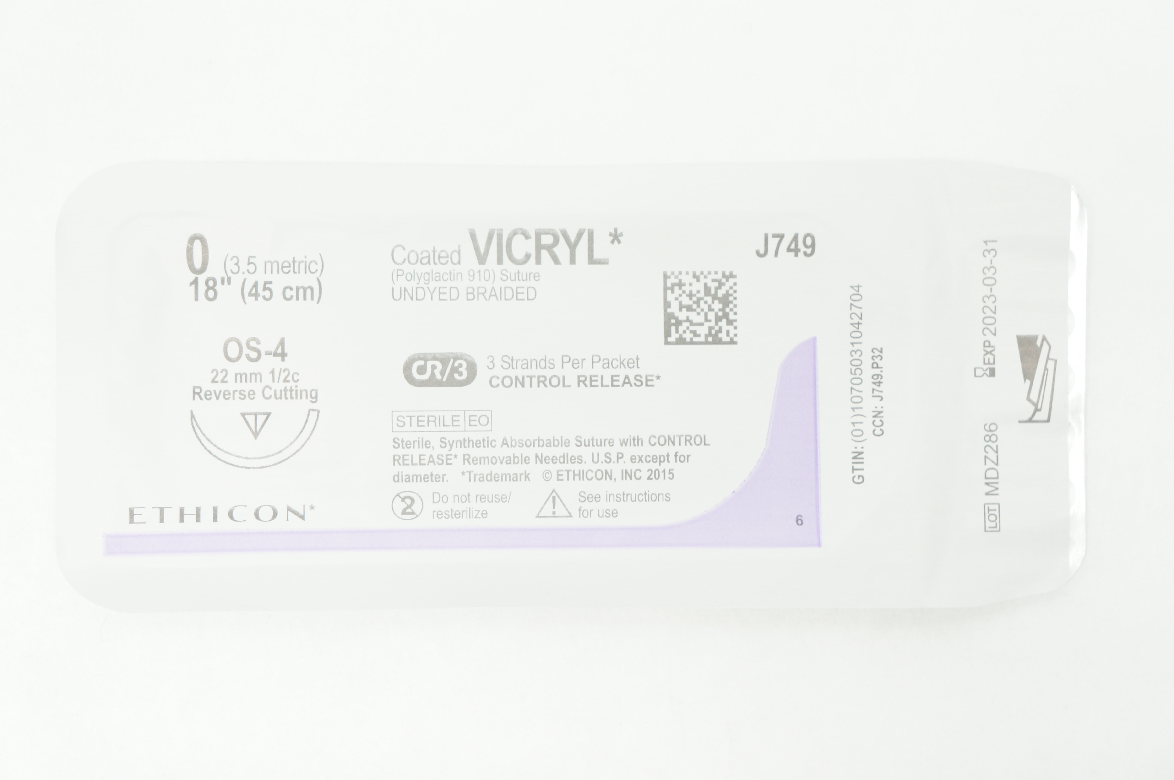 Ethicon J749 0 VICRYL OS-4, 22mm 1/2c Reverse Cutting, 18 inch