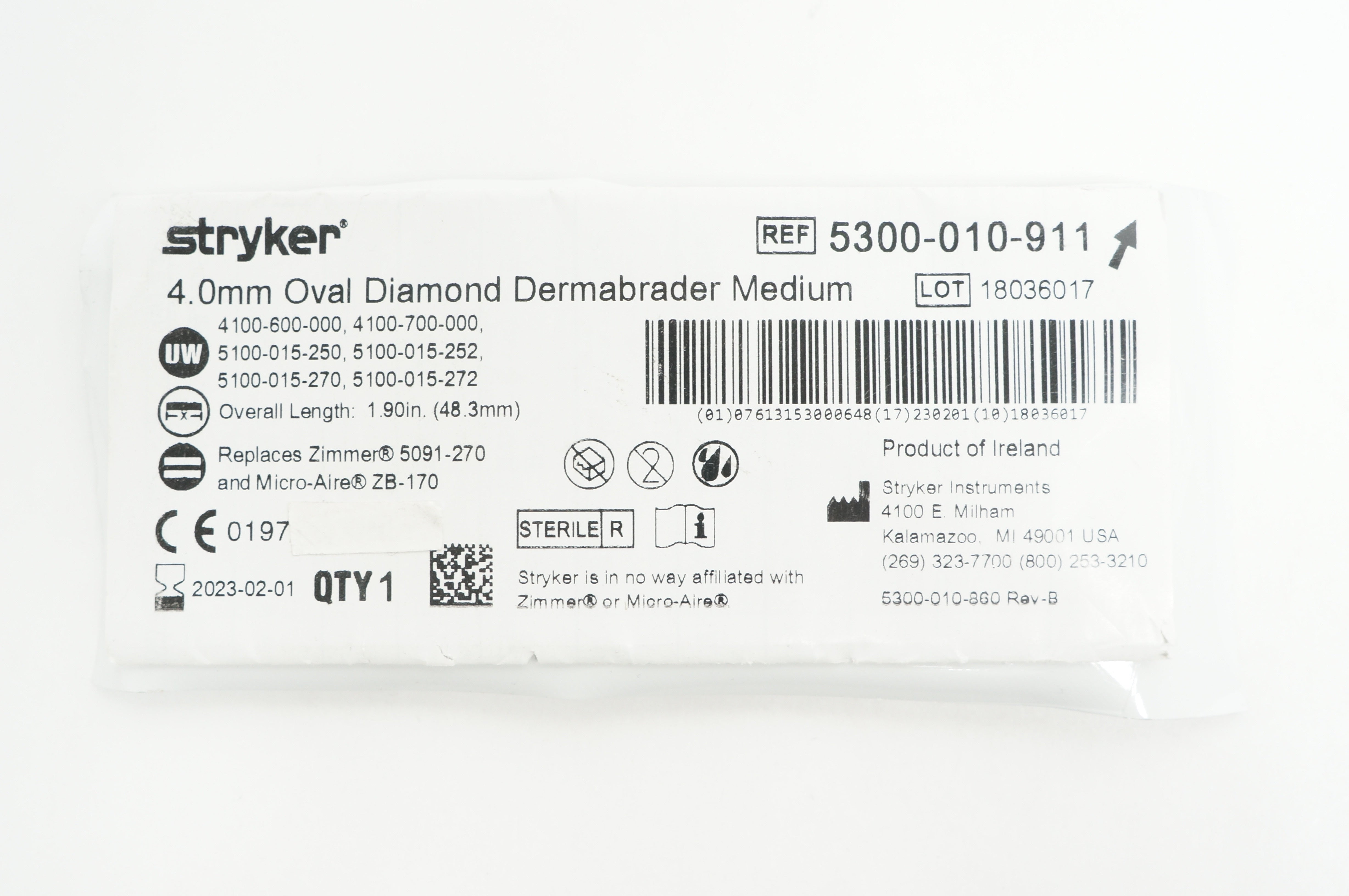 Stryker 5300-010-911 Oval Diamond Dermabrader, Medium, 4 mm