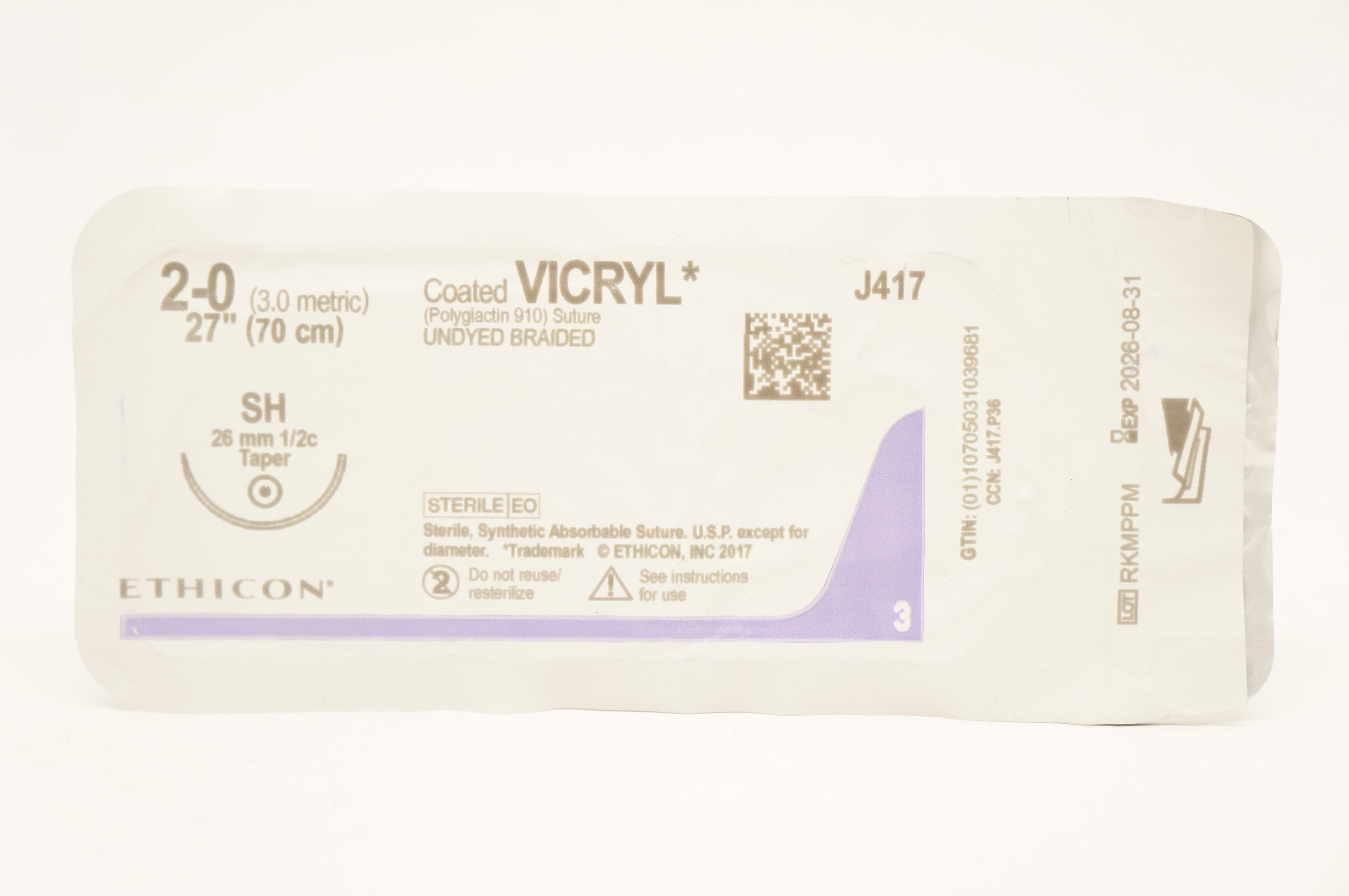 Ethicon J417 2-0 Coated VICRYL, SH, 26mm 1/2c Taper, 27inch