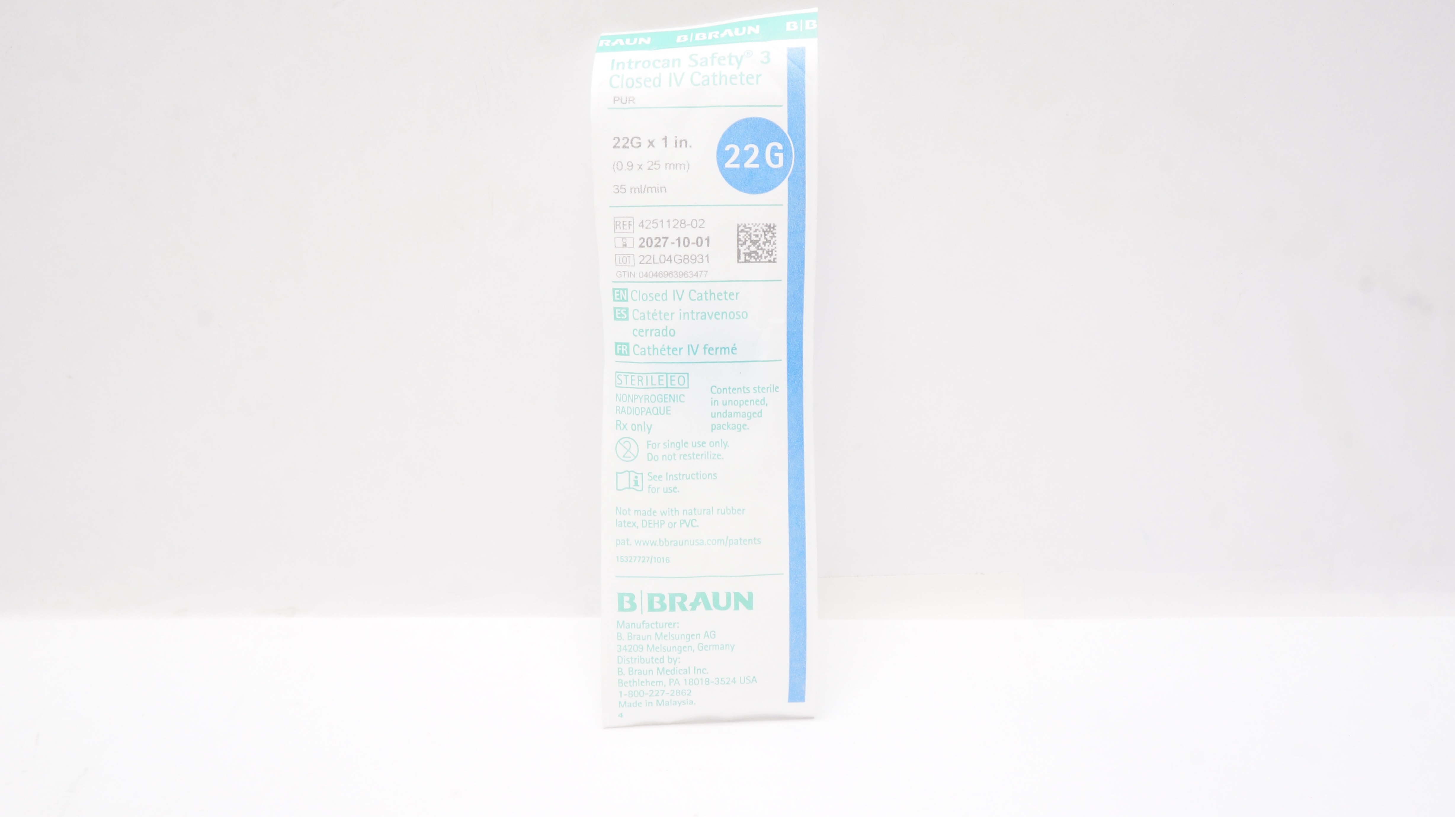 B.Braun 4251128-02 Introcan Safety 3 Closed IV Cath. 22G x 1inch x 35mL/min