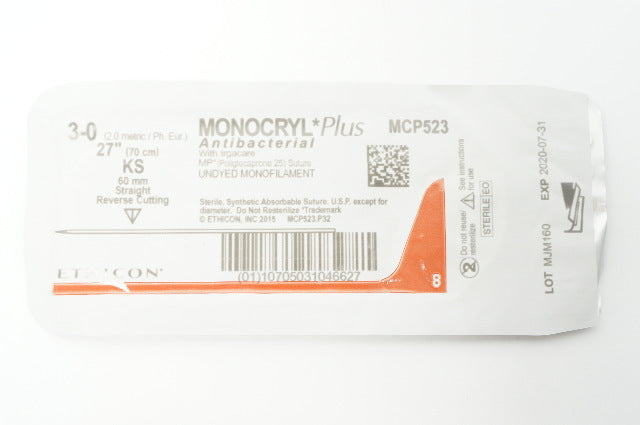 Ethicon MCP523 3-0 MONOCRYL Plus KS 60mm Straight Reverse Cutting, 27inch (x)