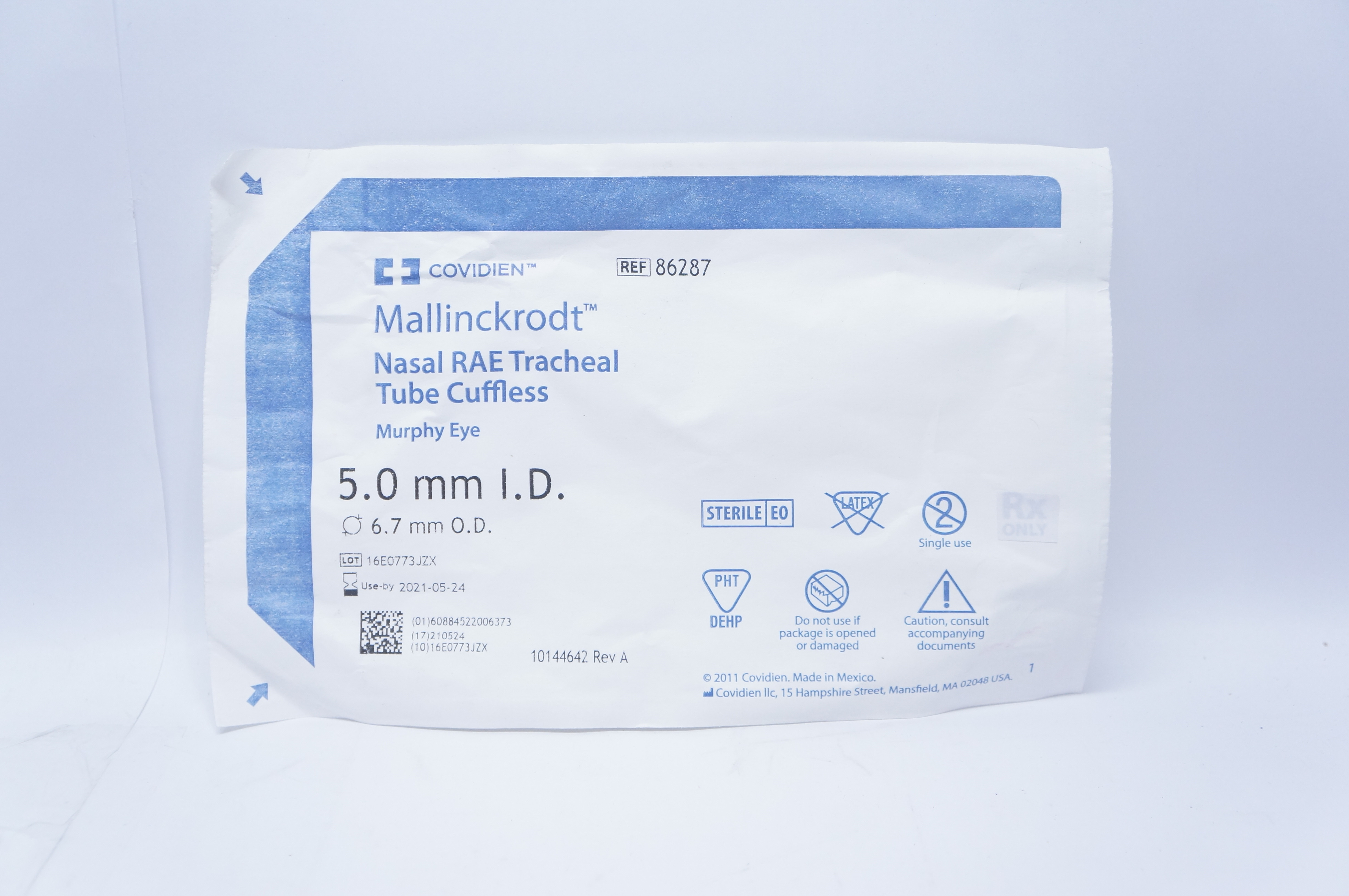 Covidien 86287 Mallinckrodt Nasal RAE Tracheal Tube Cuffless 5.0mm  x 6.7mm