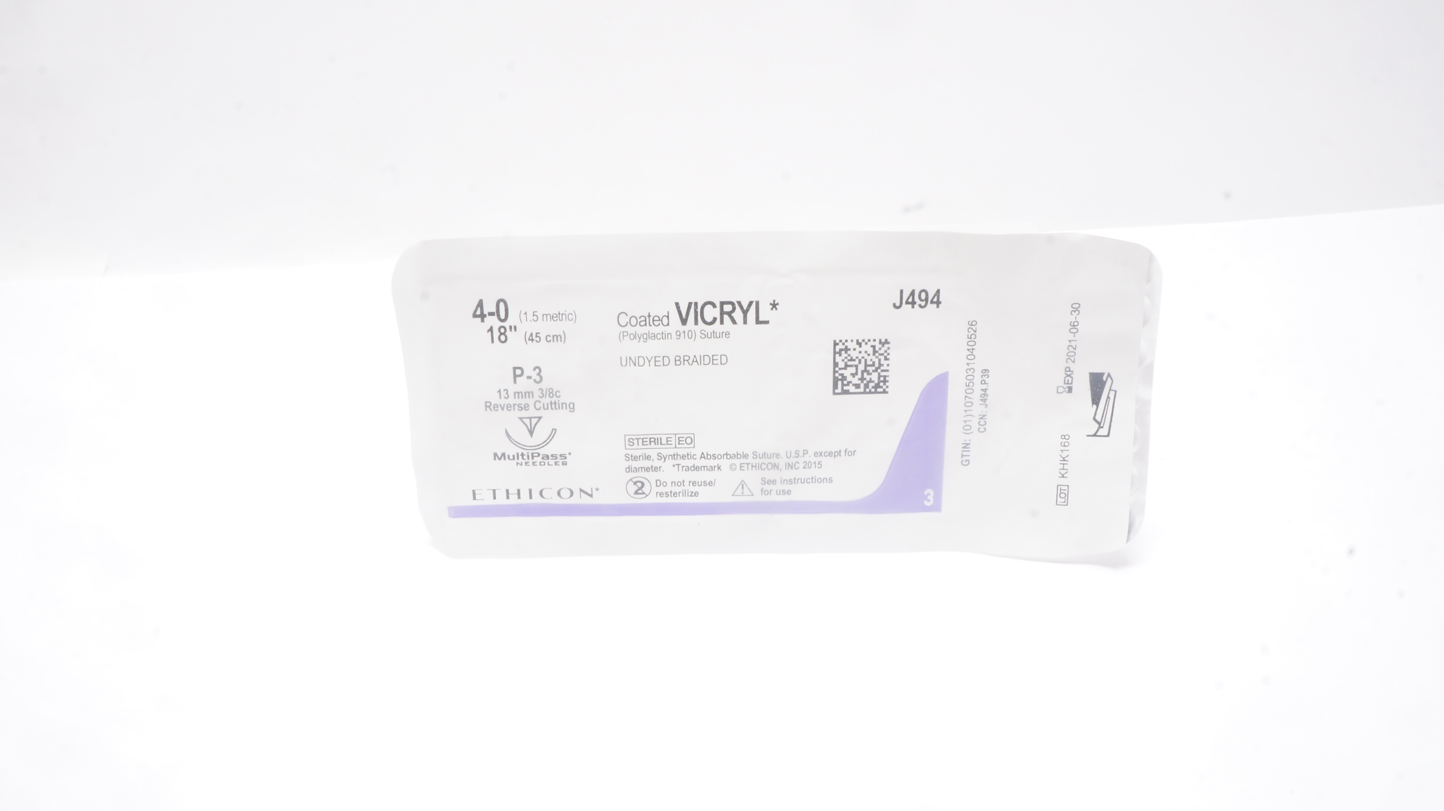 Ethicon J494 4-0 Coated VICRYL Stre P-3 13mm 3/8c Reverse Cutting 18inch (x)
