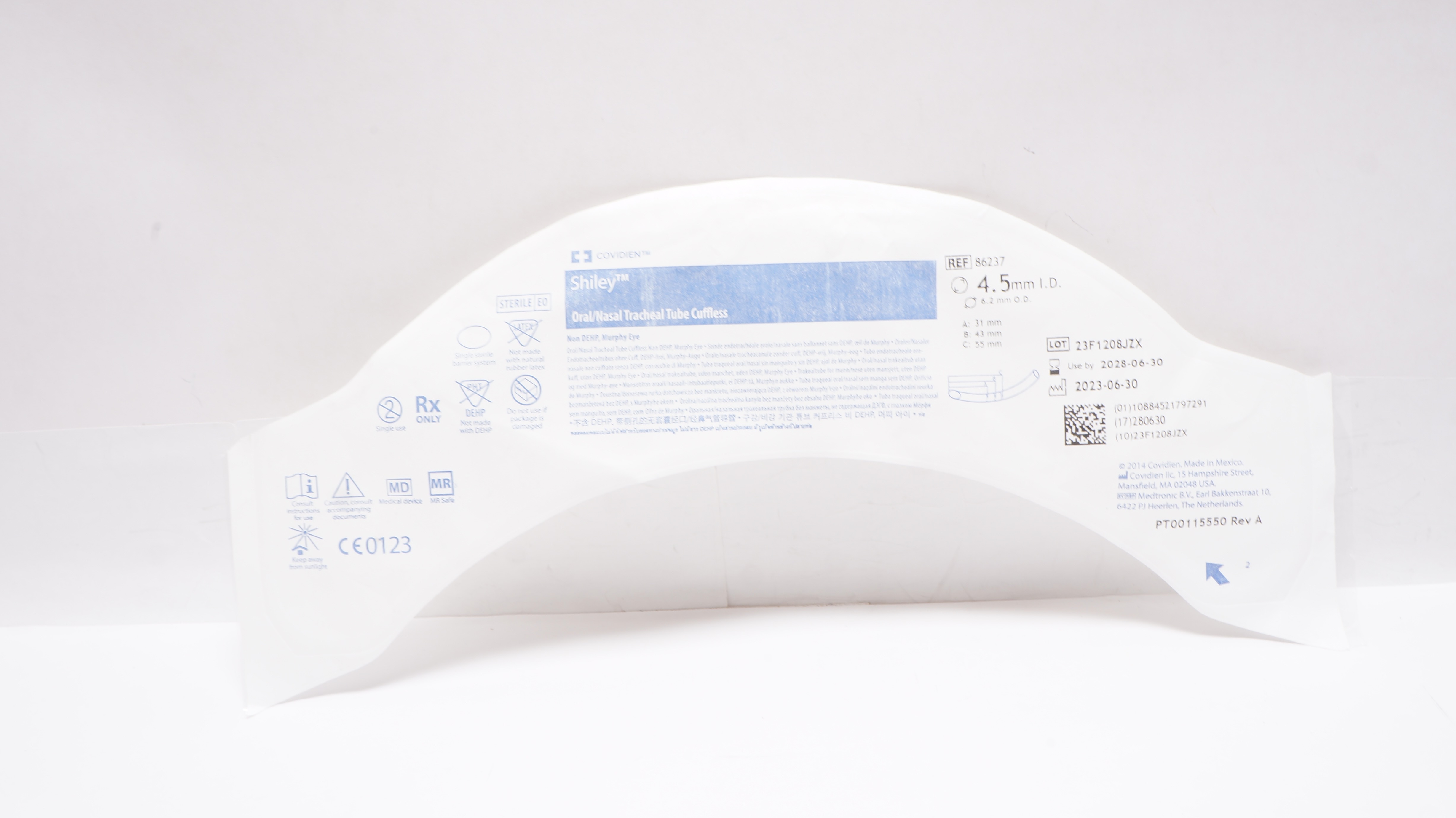 Covidien 86237 Shiley Oral/Nasal Tracheal Tube Cuffless 4.5mm ID x 6.2mm OD