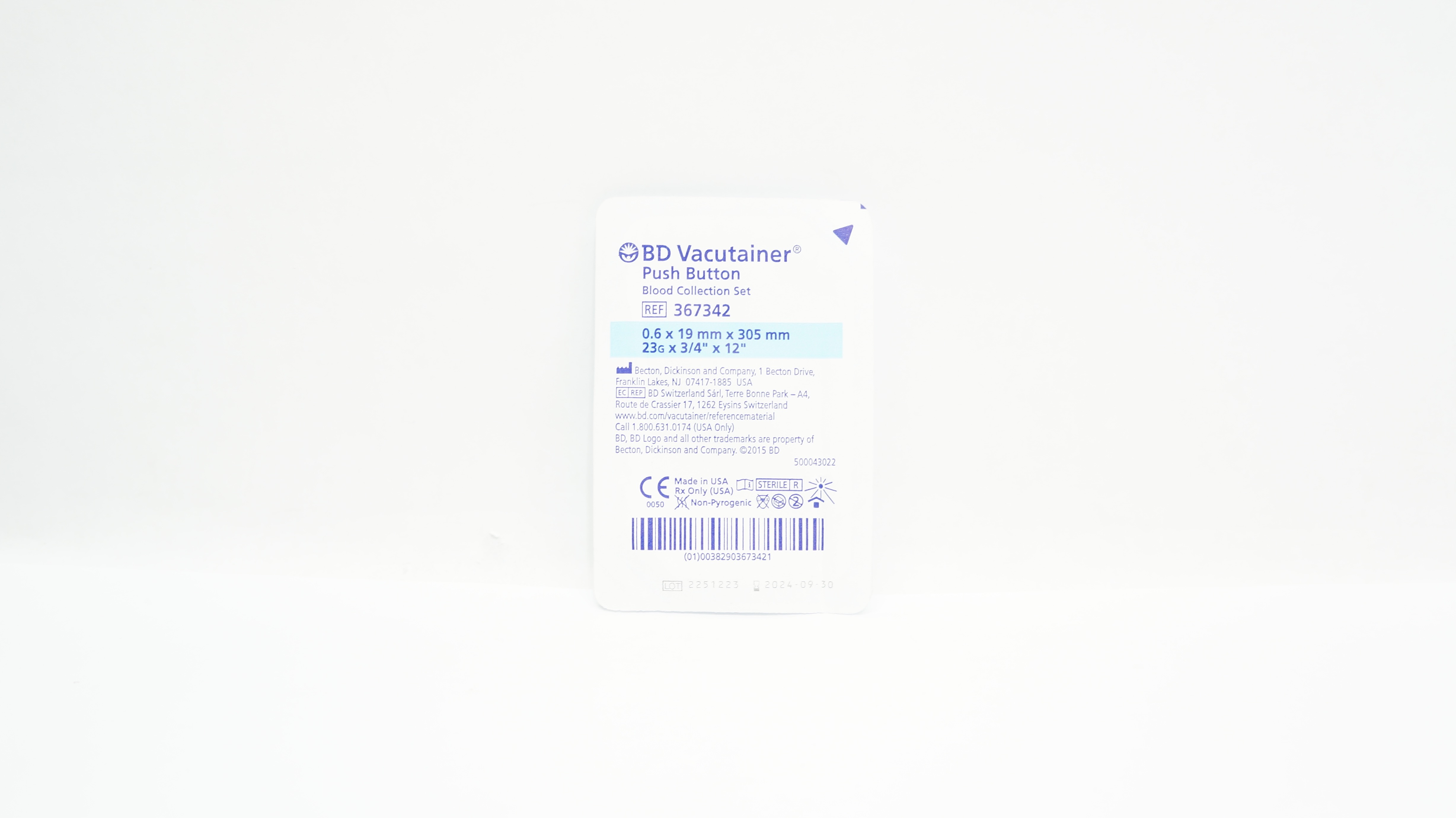 BD 367342 Vacutainer Push Button Blood Collection Set 23G x 3/4inch x 12inch