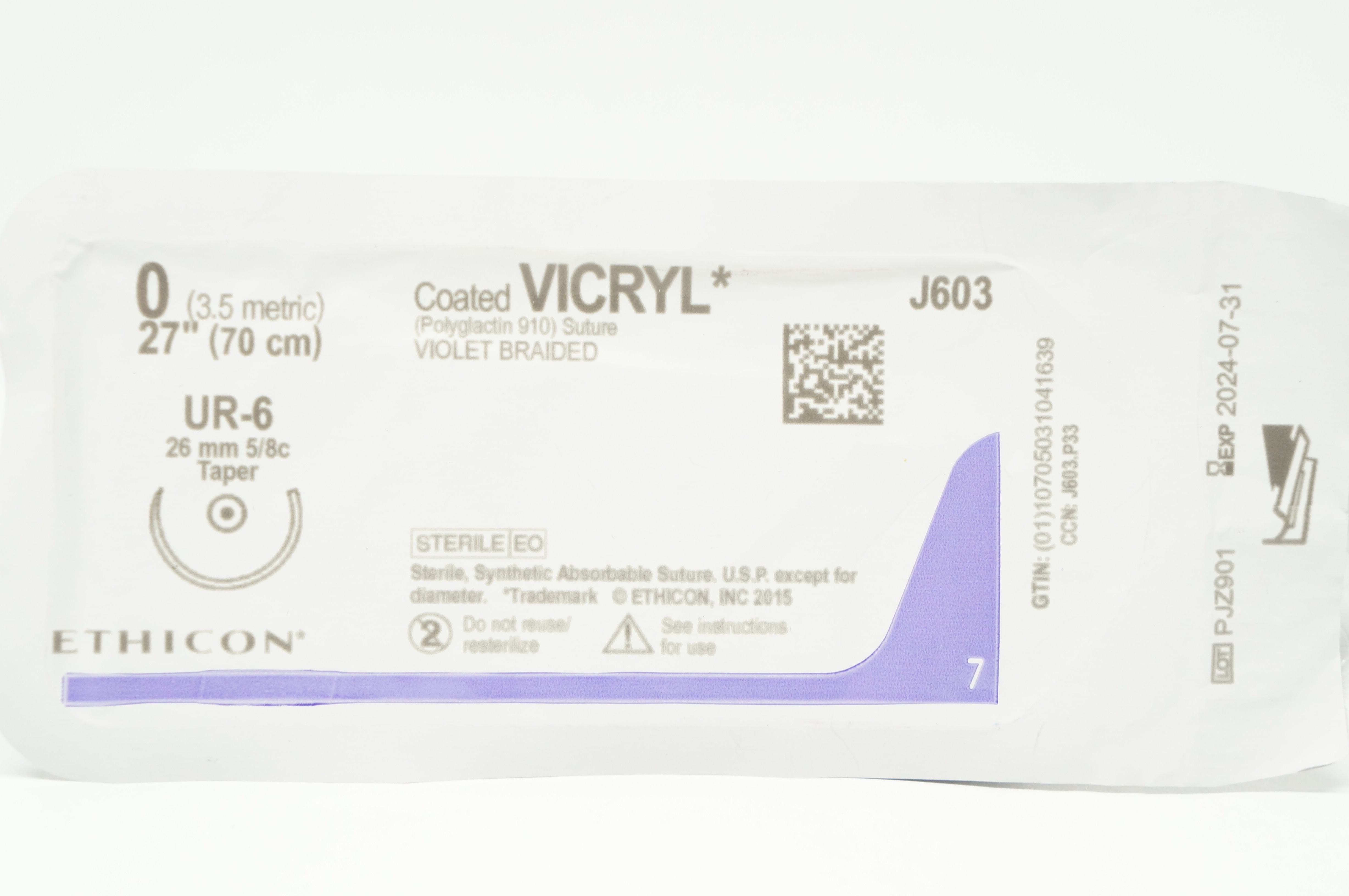 Ethicon J603 0 Coated VICRYL Stre UR-6 26mm 5/8c Taper 27inch