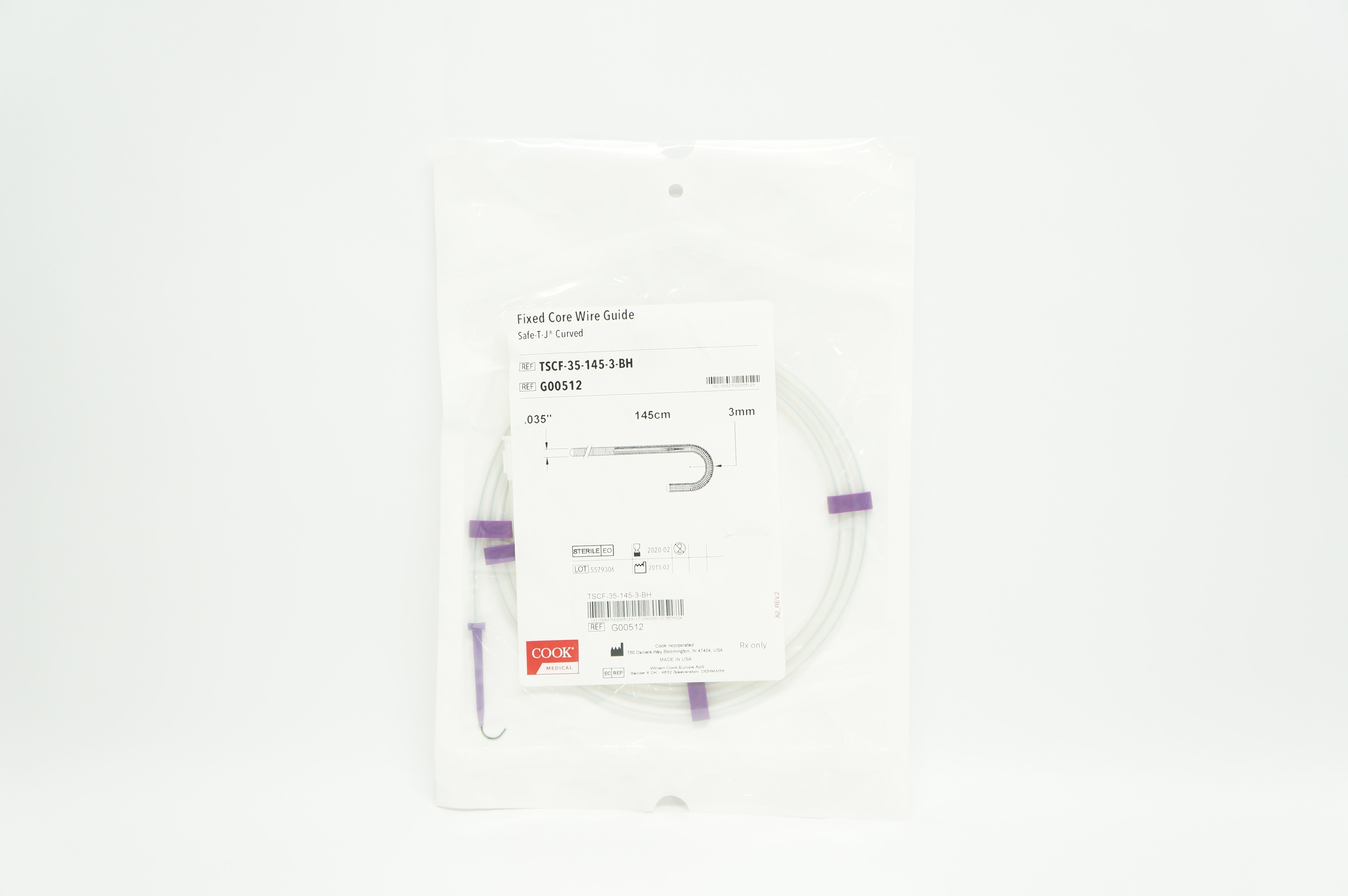 Cook G00512 Fixed Core Wire Guide Safe-T-J Curved .035inch x 145cm x 3mm (x)