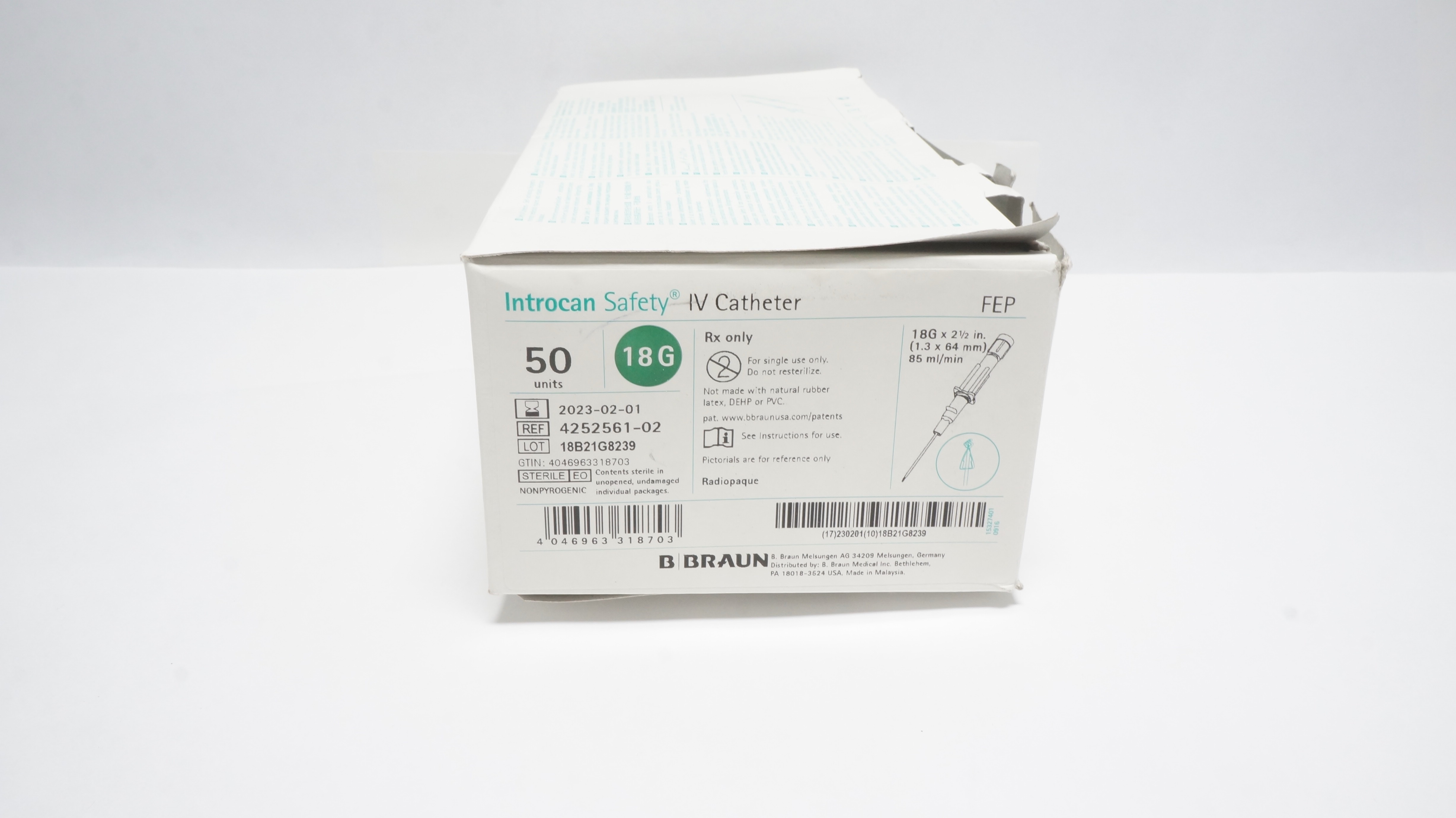 Braun 4252561-02 Introcan Safety IV Cath. 18G x 2 1/2 inch,85ml/min-Box of 50(x)