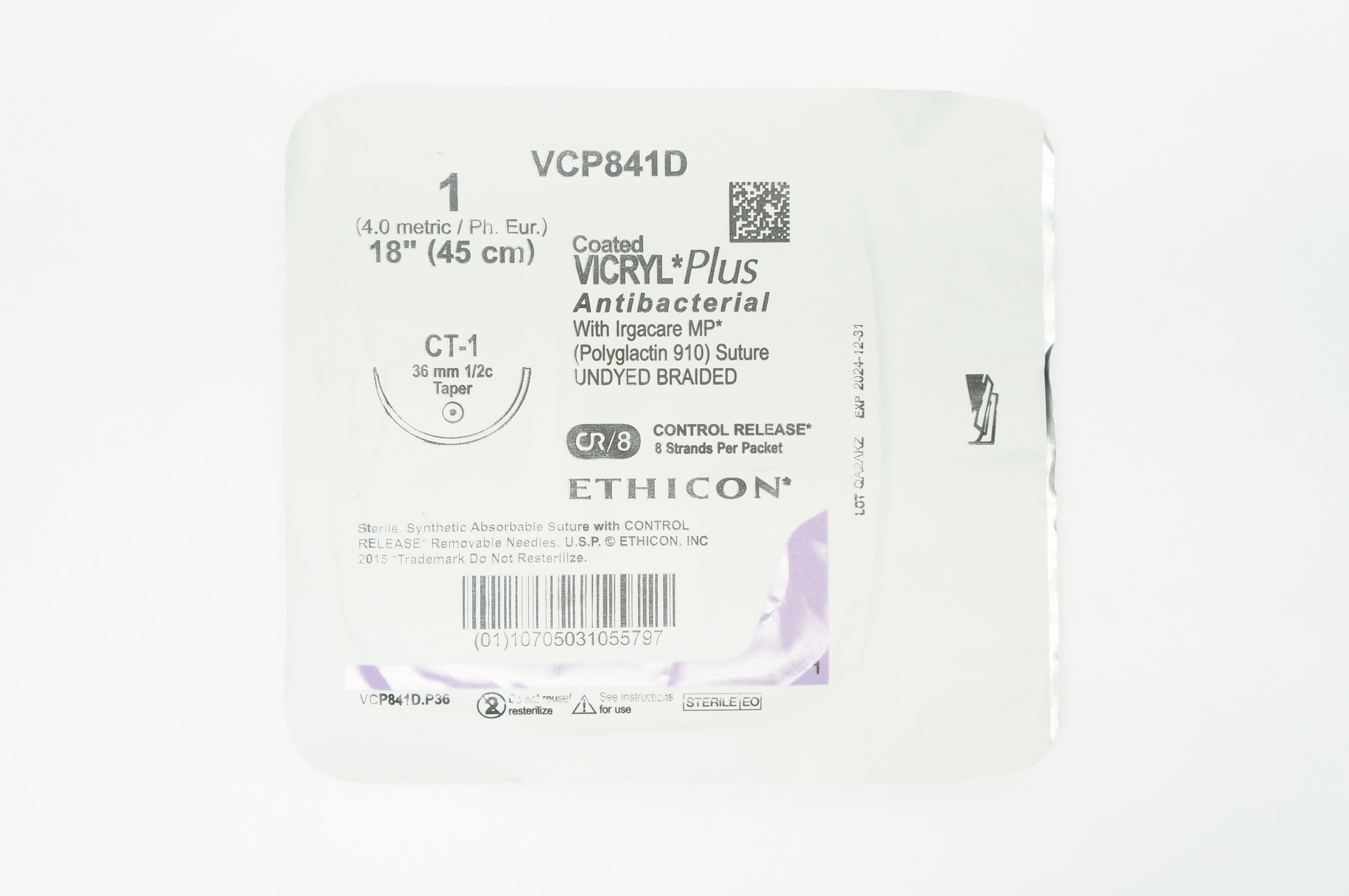 Ethicon VCP841D 1 VICRYL Plus CT-1 36mm 1/2c Taper 18 inch