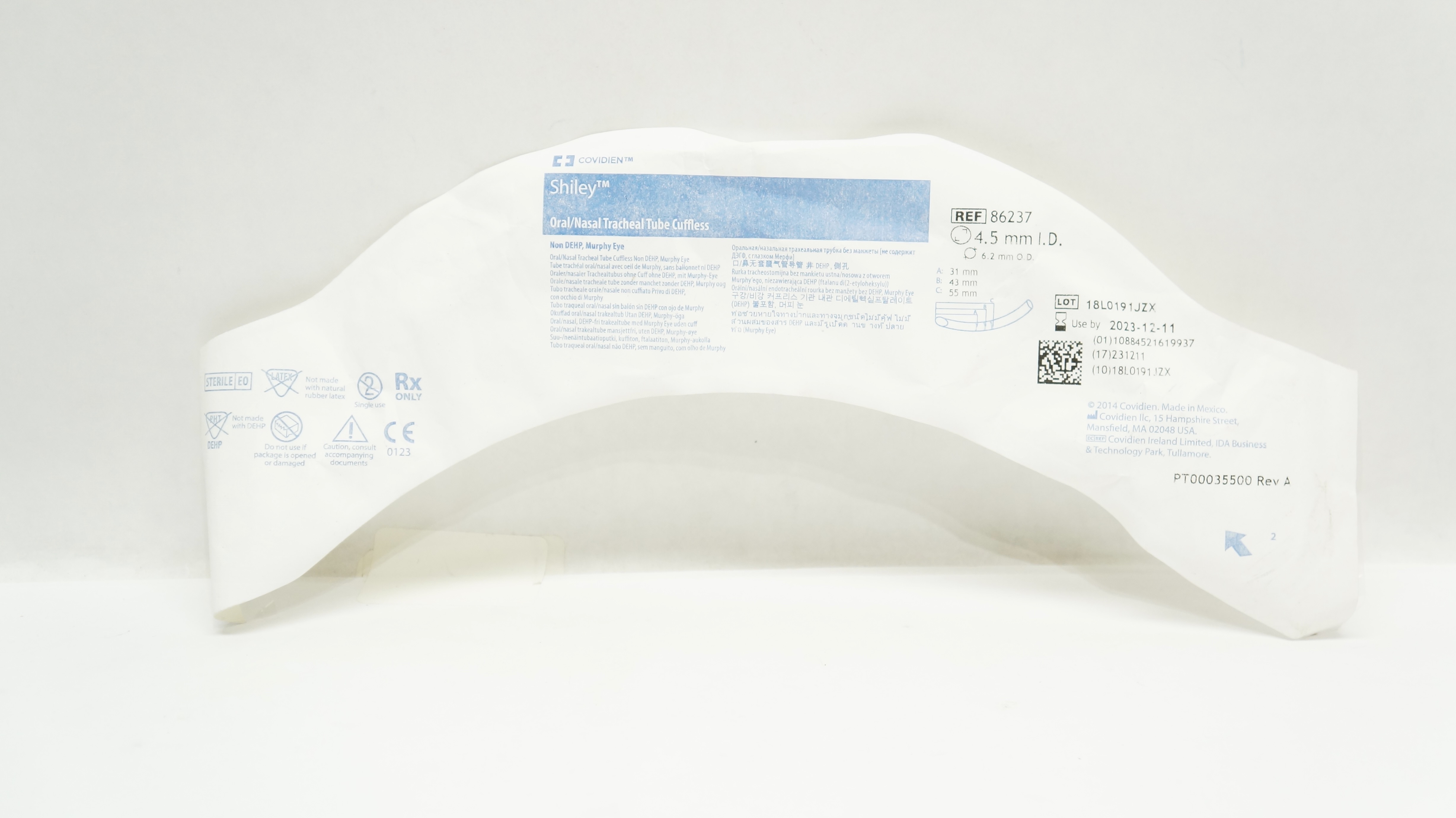 Covidien 86237 Shiley Oral/Nasal Tracheal Tube Cuffless 4.5mm ID x 6.2mm OD (x)