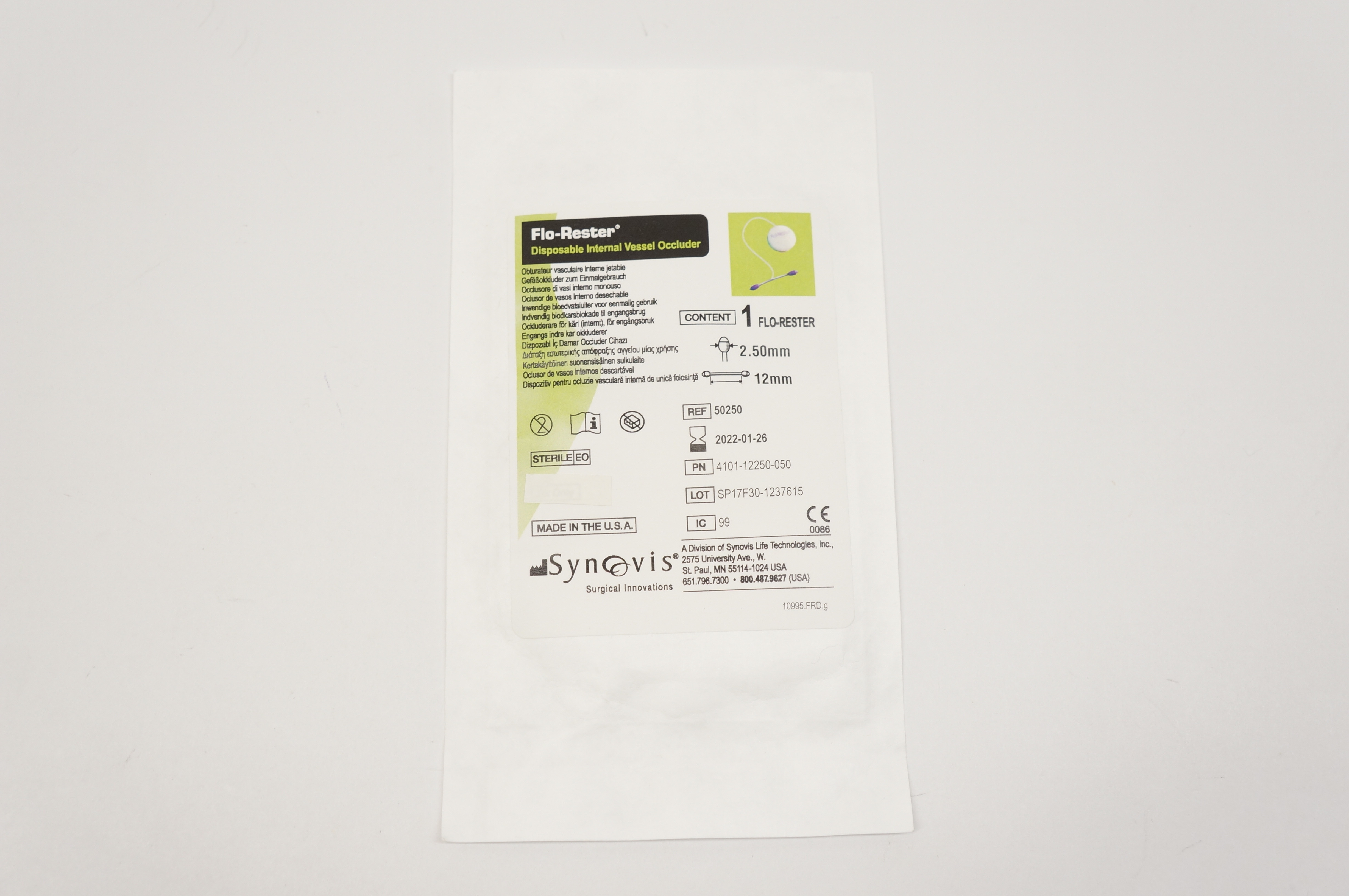 Synovis 50250 Flo-Rester Disposable Internal Vessel Occluder, 2.50mm