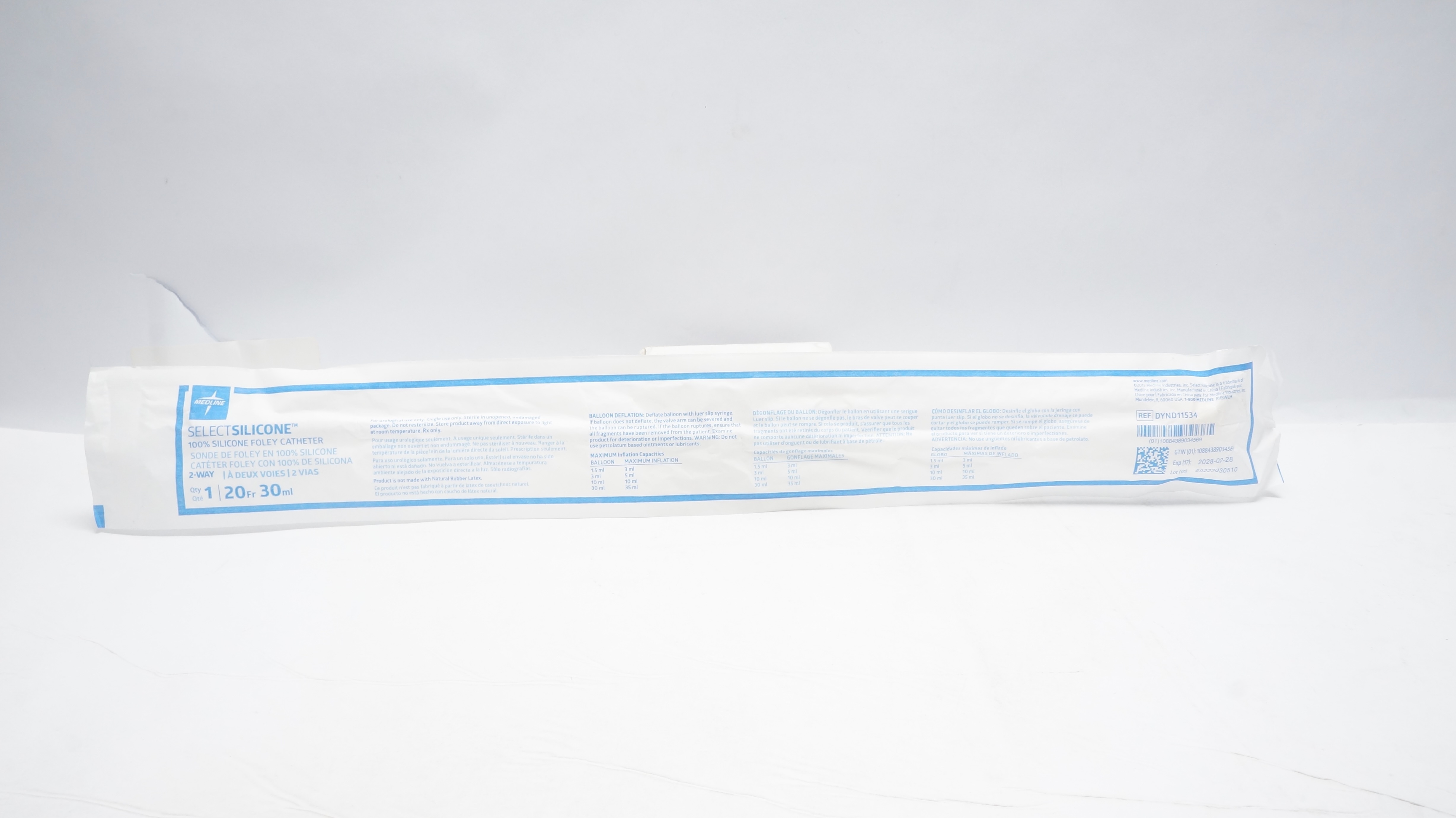 Medline DYND11534 SelectSilicone Foley Cath. 100% SIlicone 2-Way 20Fr x 30ml