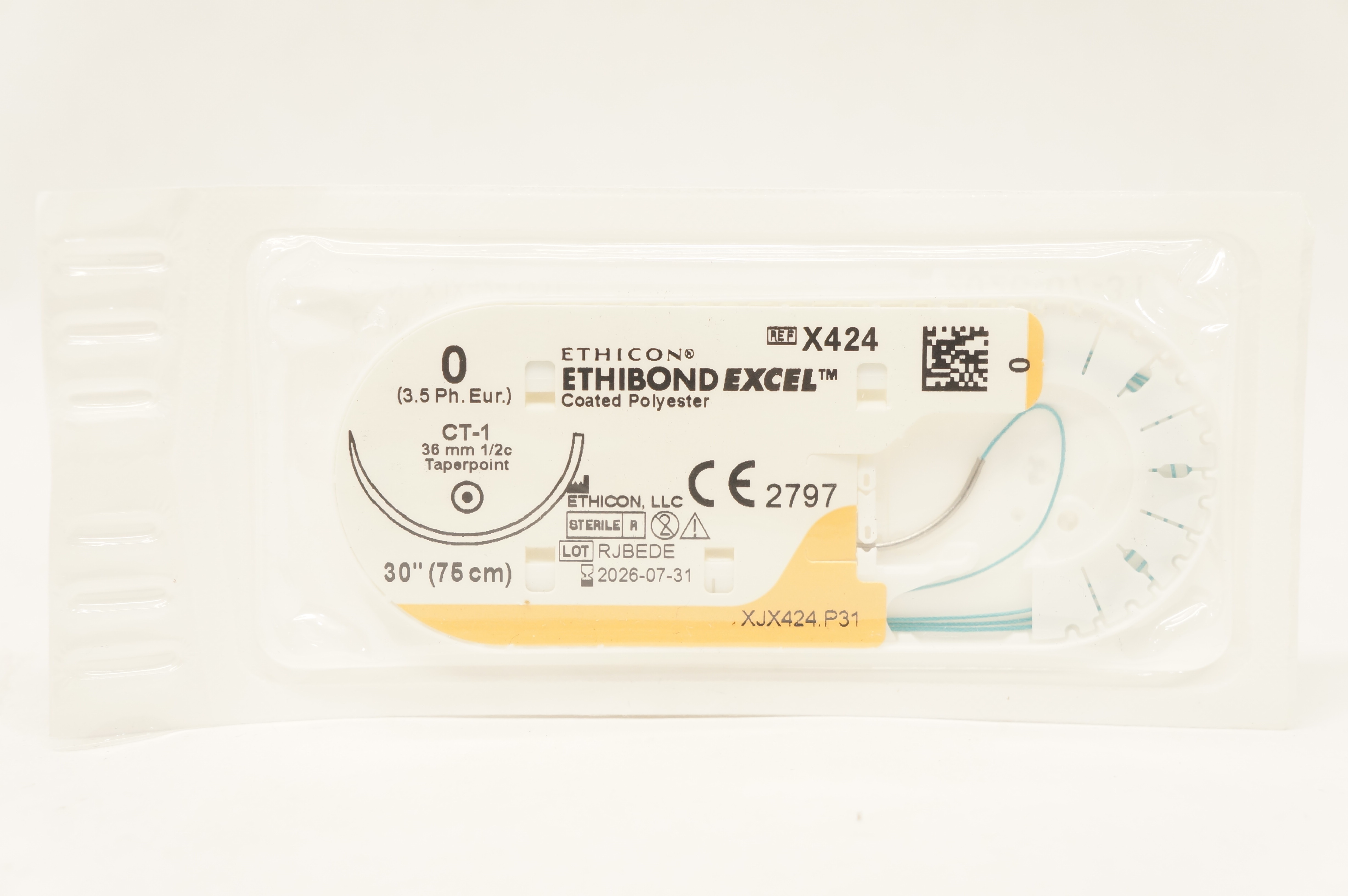 Ethicon X424 0 ETHIBOND EXCEL Coated Polyester CT-1 36mm 1/2c Taper, 30inch