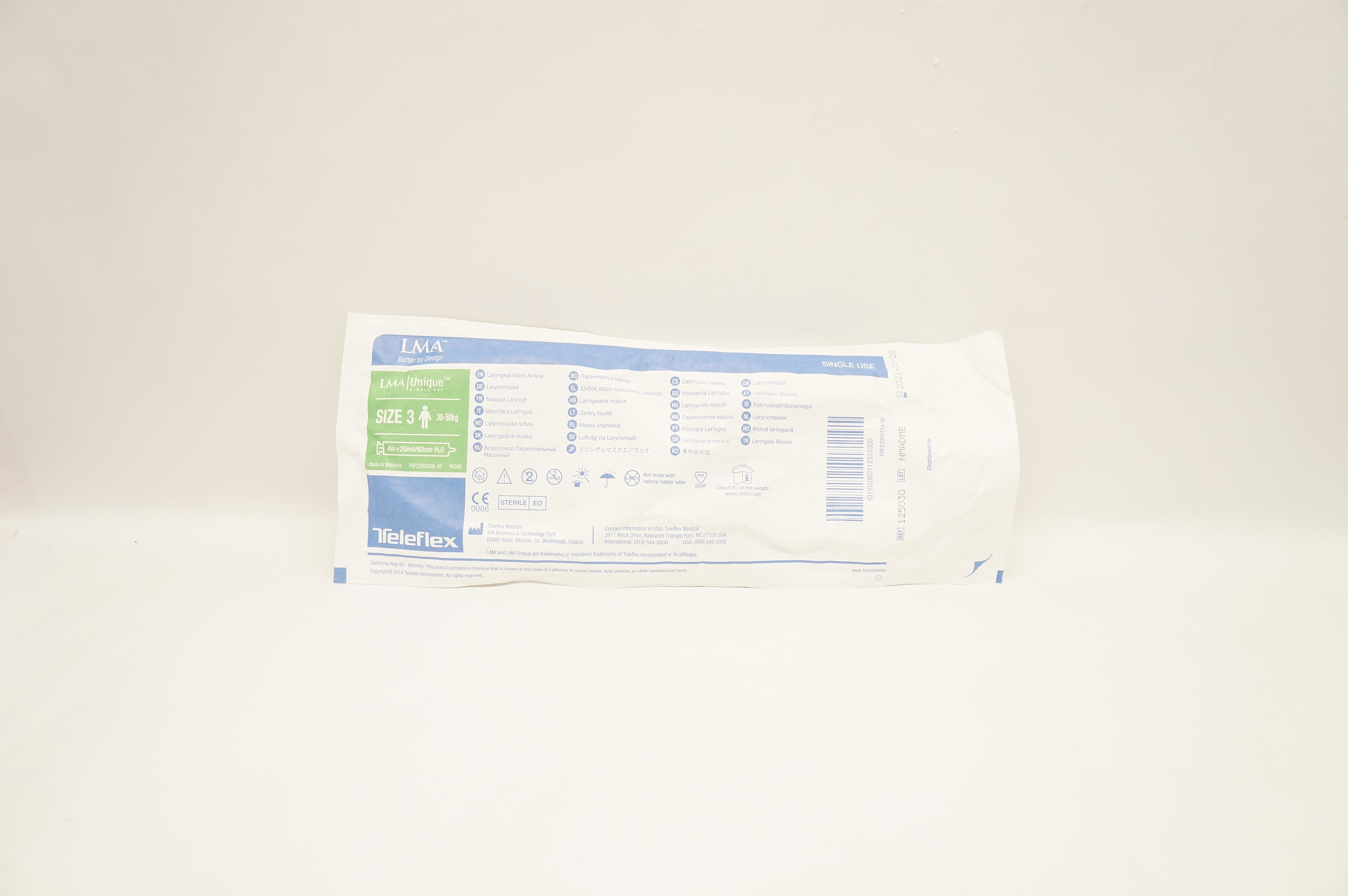 Teleflex 125030 LMA Unique Laryngeal Mask Airway Size 3, 30-50kg <20ml/60cm (x)
