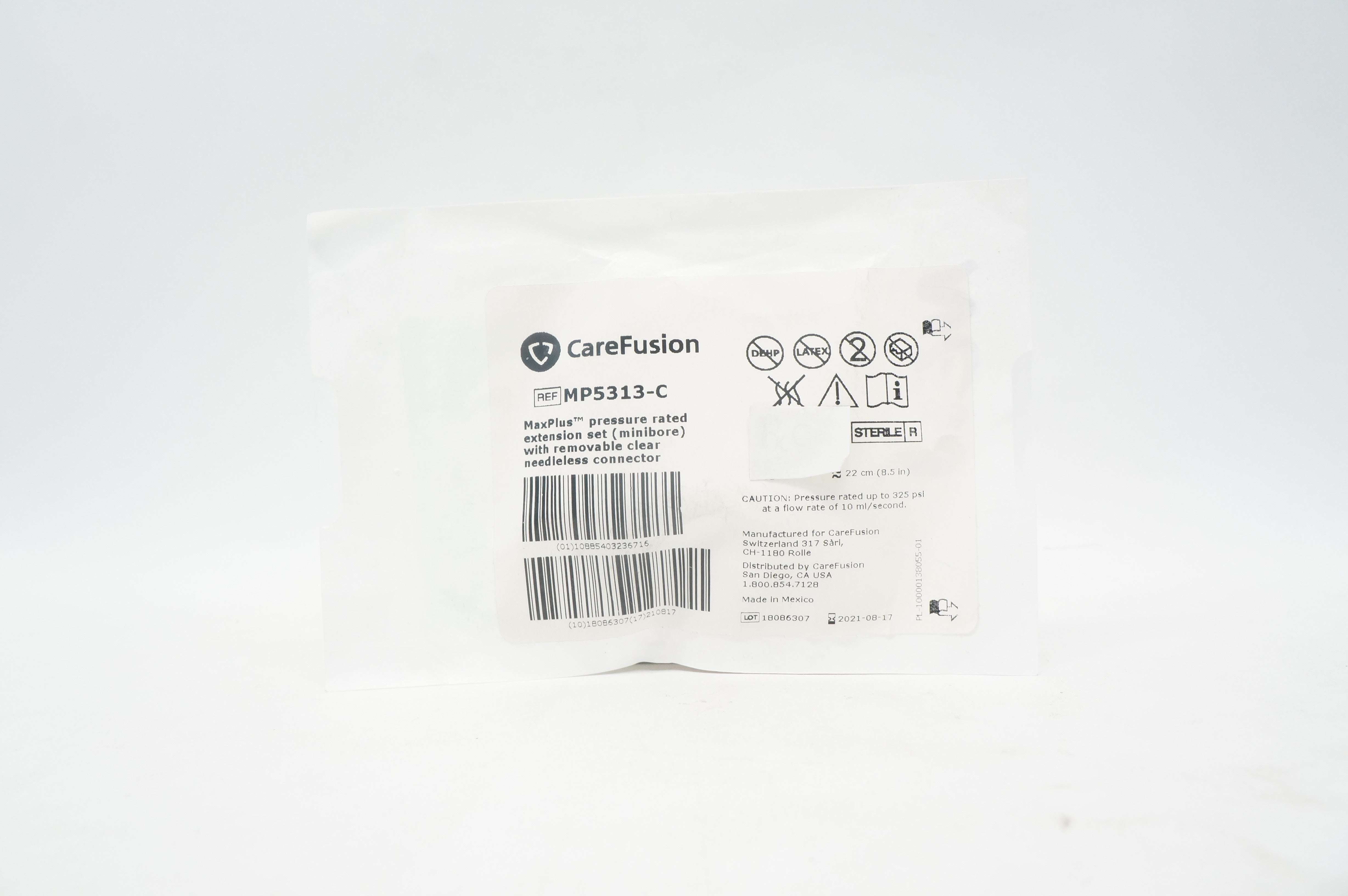 CareFusion MP5313-C MaxPlus Pressure Rated Extension Set  0.6ml x 8.5inch