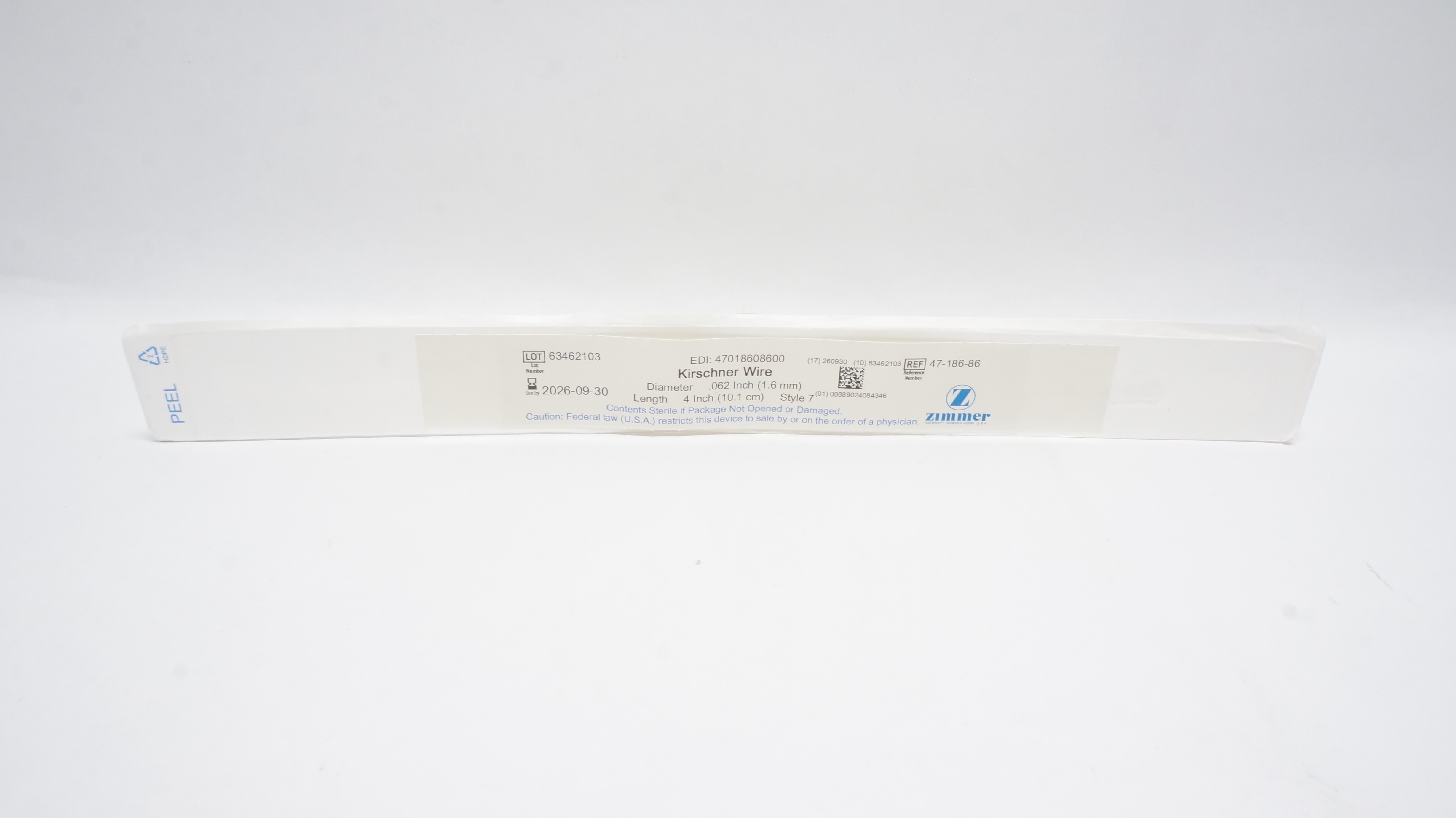 Zimmer 47-186-86 Kirschner Wire 1.6mm x 10.1cm, Style 7