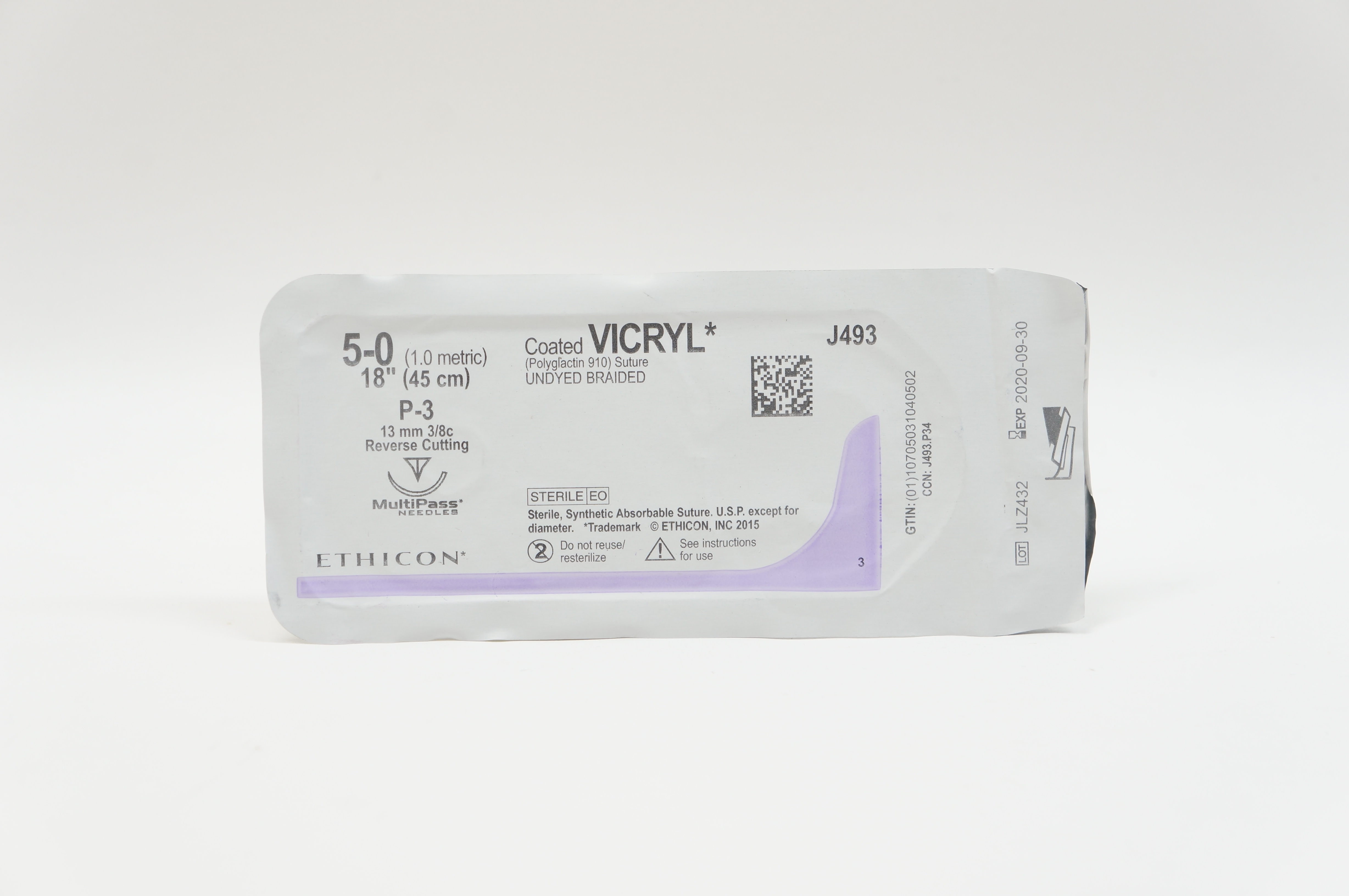 Ethicon J493 5-0 VICRYL, P-3, 13mm 3/8c Reverse Cutting, 18inch