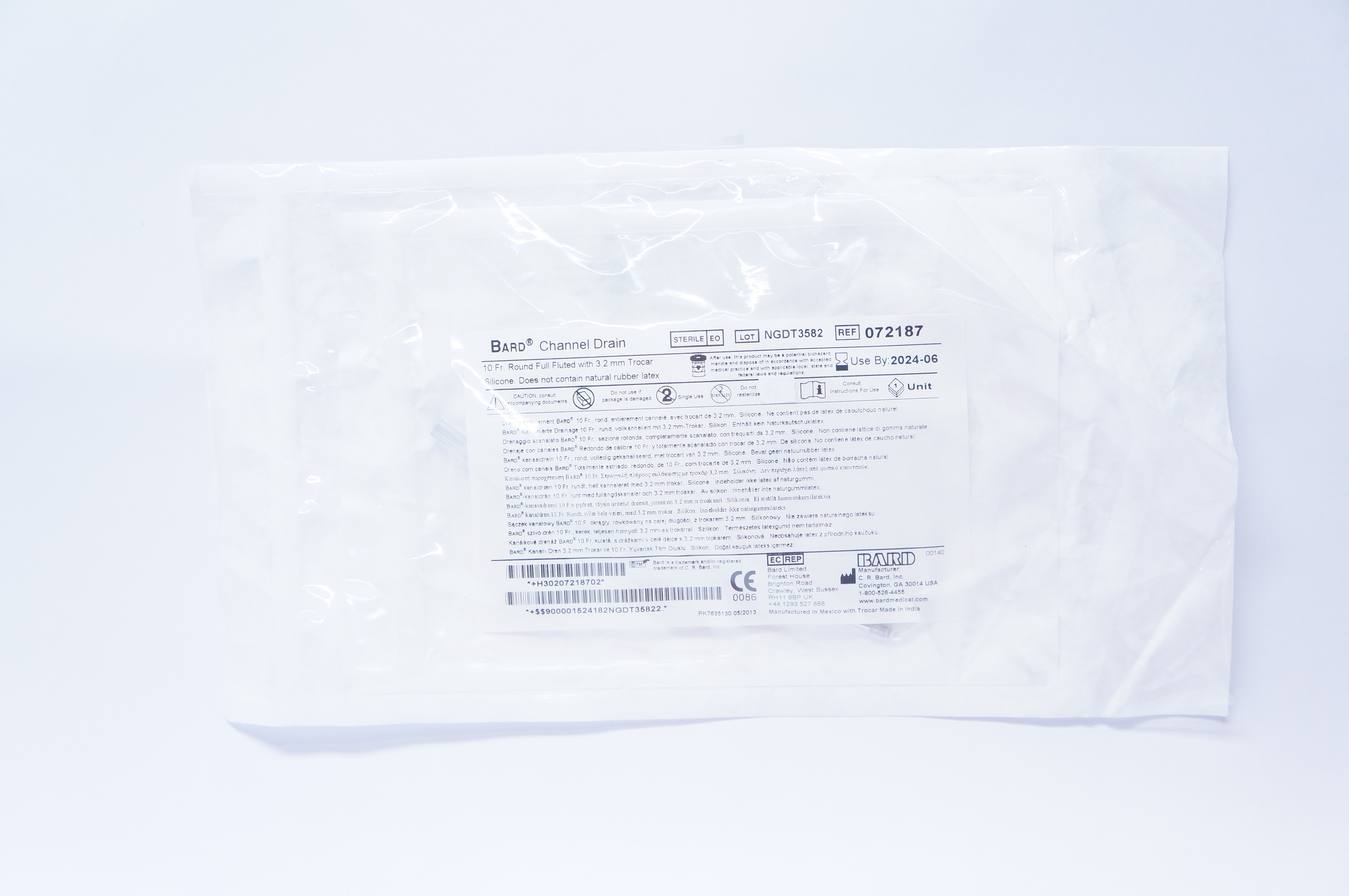 Bard 072187 Channel Drain 10 Fr. Round Full Fluted With 3.2mm Trocar Silicone